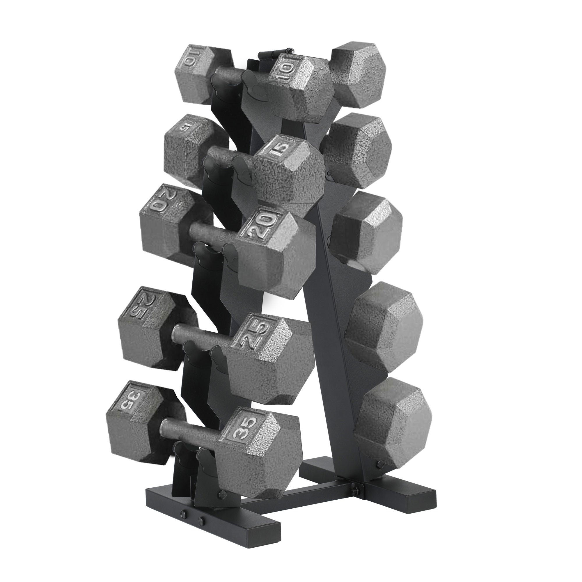 HolaHatha 10, 15, 20, 25, 35lb Cast Iron Dumbbell Free Hand Weight Set with Rack - VMInnovations