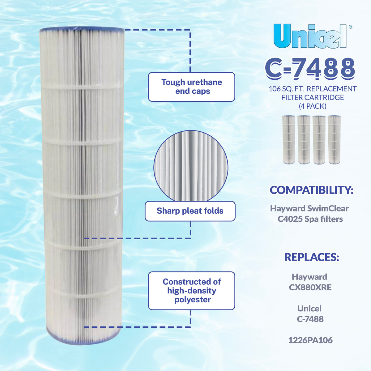Unicel C-7488 Replacement 106 Sq Ft Pool Filter Cartridge, 176 Pleats (4 Pack)