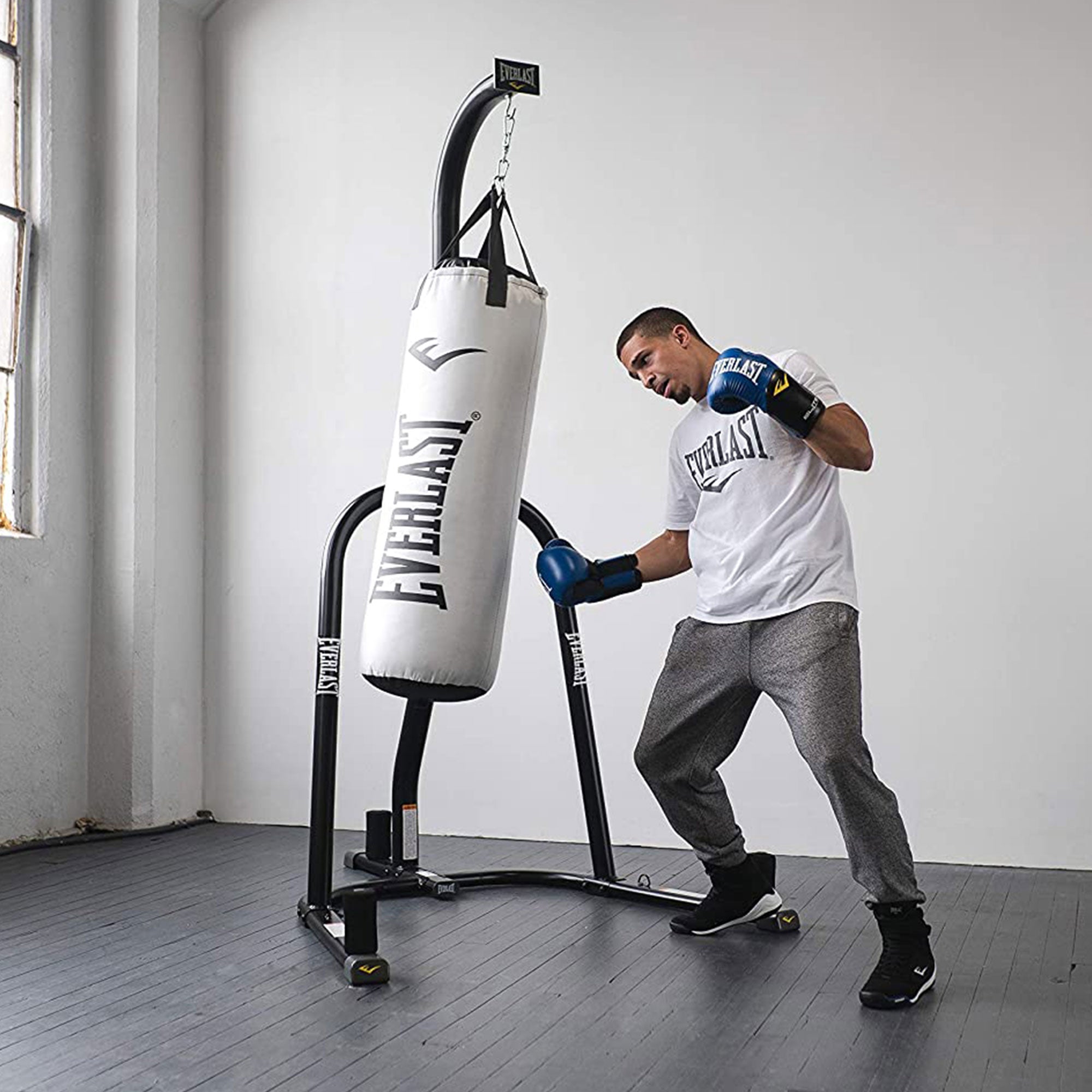 Everlast 100 Pound Bag Stand w/Bag Kit, Gloves, Hand Wraps & Bungee Cord, Black - VMInnovations