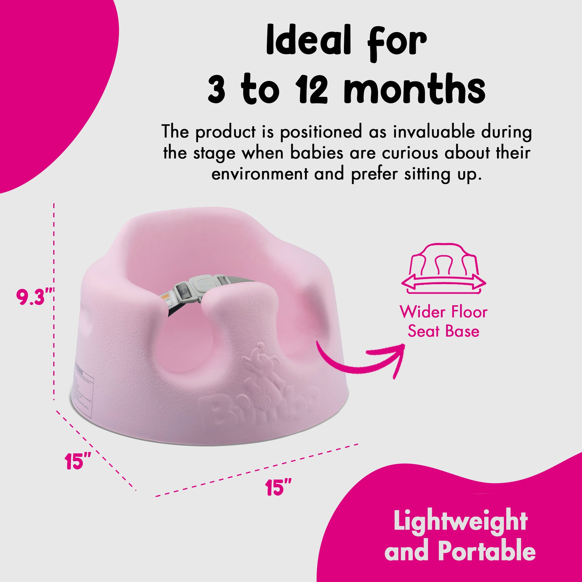 Bumbo Baby Soft Foam Wide Floor Seat w/3 Point Adjustable Harness, 2 Pack, Pink - VMInnovations