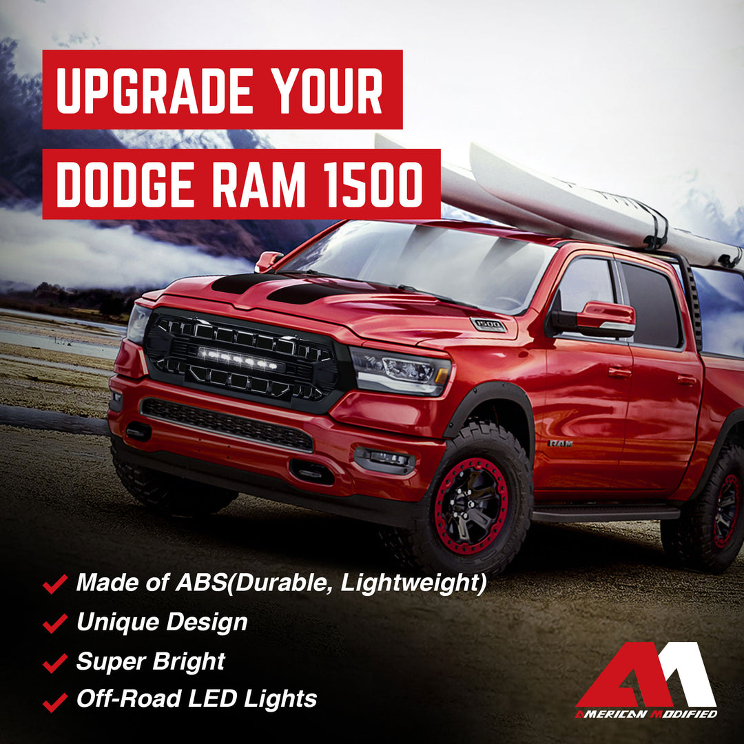 AMERICAN MODIFIED Armor Front Grille for 2019 to 2024 Dodge Ram, Glossy Black - VMInnovations