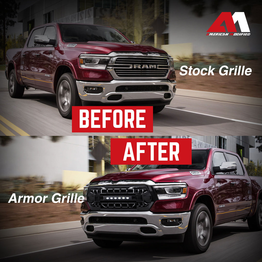 AMERICAN MODIFIED Armor Front Grille for 2019 to 2024 Dodge Ram, Glossy Black - VMInnovations