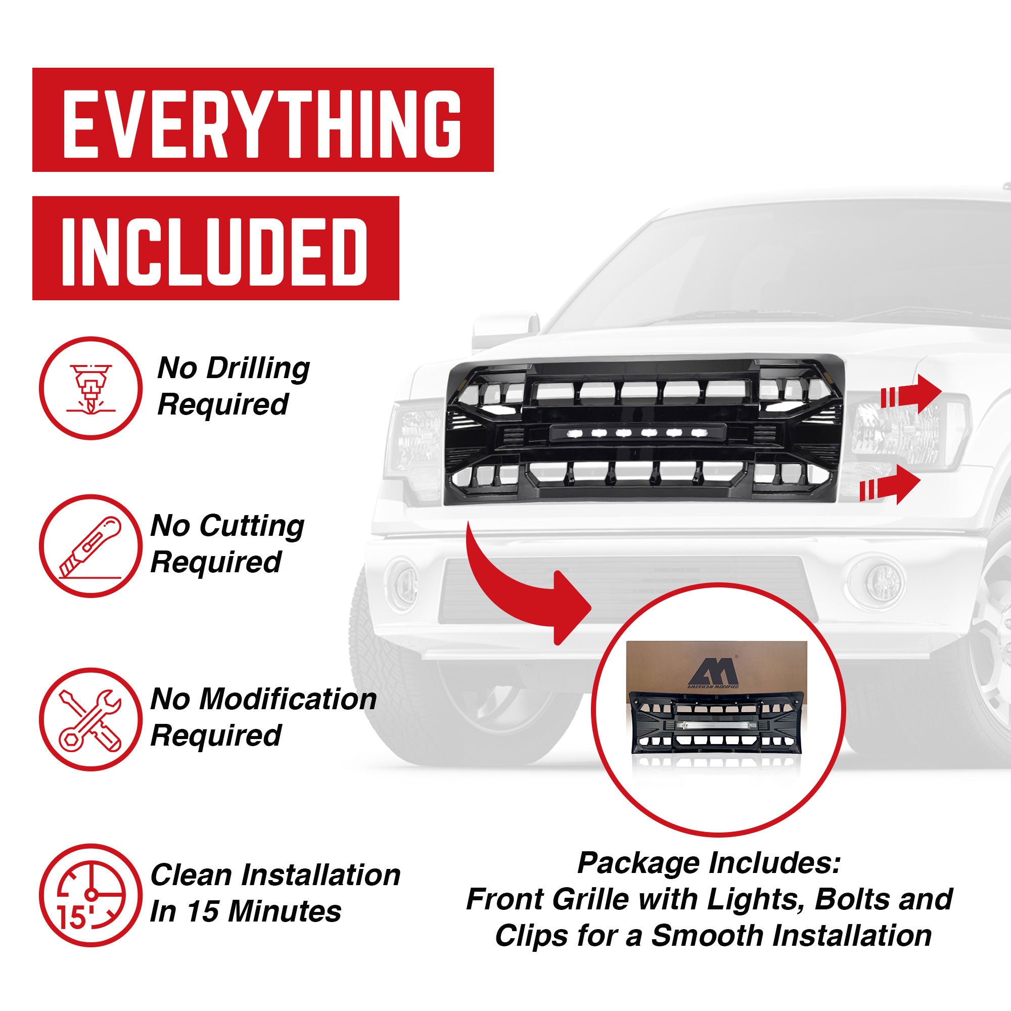 AMERICAN MODIFIED Armor Grille Compatible with 2009-2014 Ford F150, Glossy Black - VMInnovations