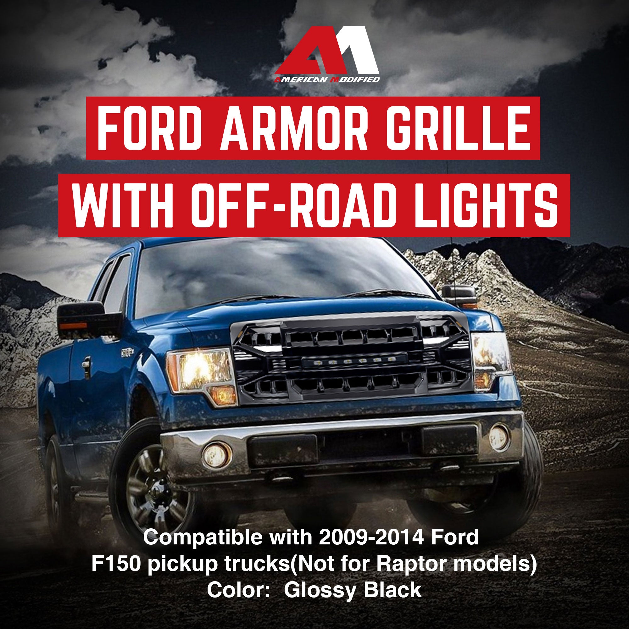 AMERICAN MODIFIED Armor Grille Compatible with 2009-2014 Ford F150, Glossy Black - VMInnovations