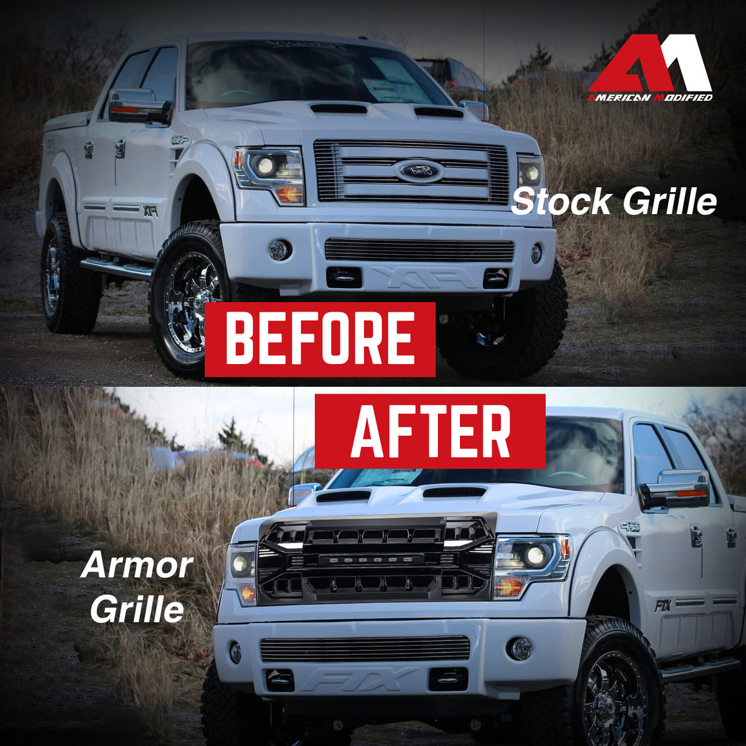 AMERICAN MODIFIED Armor Grille Compatible with 2009-2014 Ford F150, Glossy Black - VMInnovations