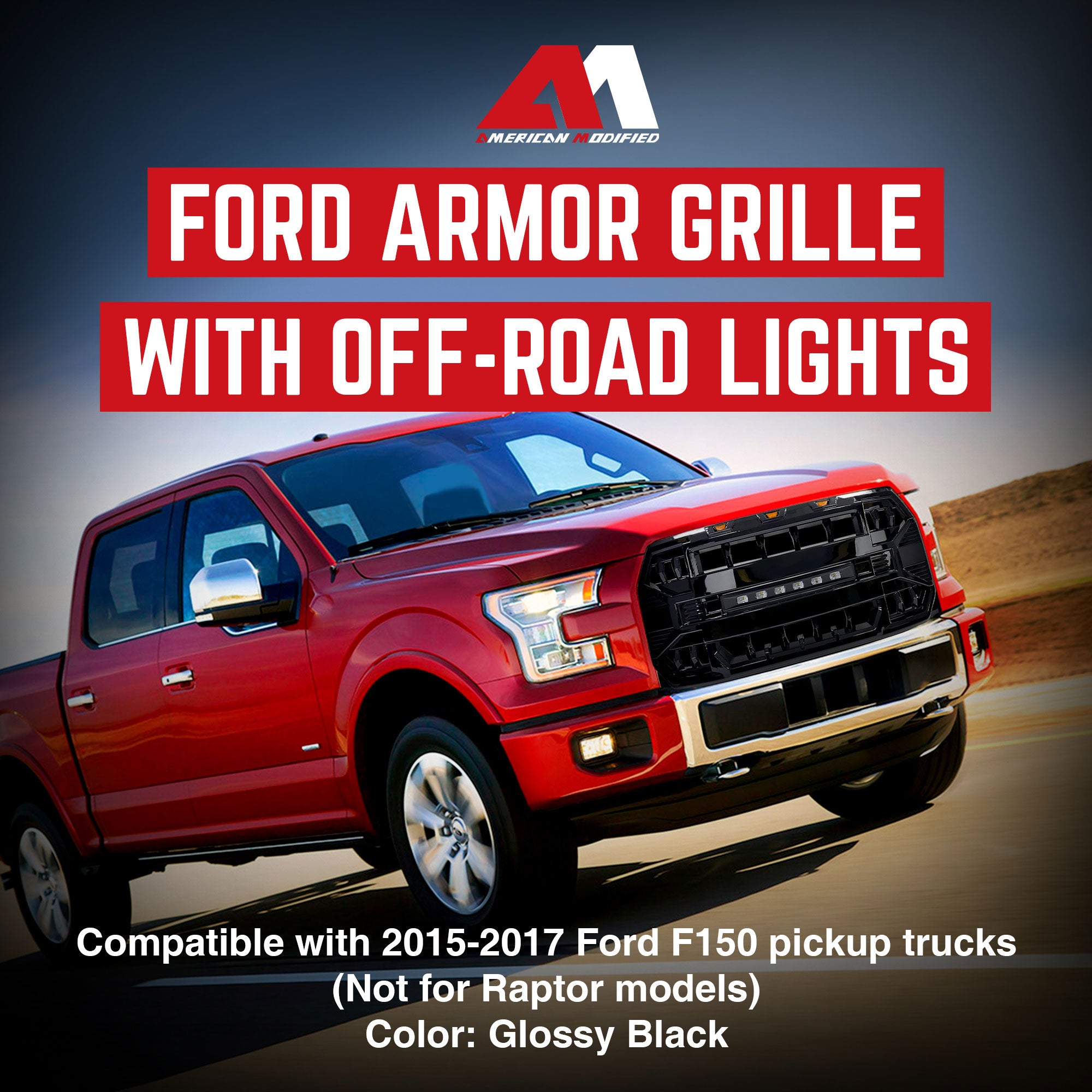 AMERICAN MODIFIED Armor Front Grille for 2015 to 2017 Ford F150, Glossy Black - VMInnovations