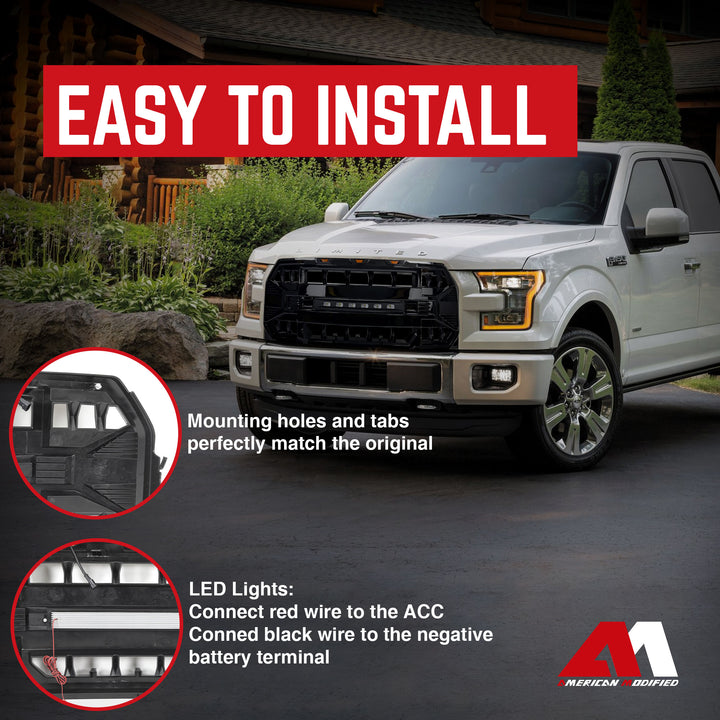 AMERICAN MODIFIED Armor Front Grille for 2015 to 2017 Ford F150, Glossy Black - VMInnovations