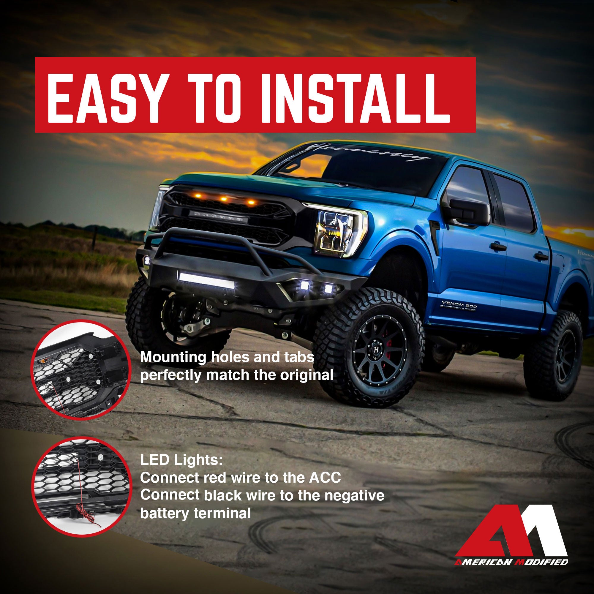 AMERICAN MODIFIED Armor Grille w/21-23 Ford F150, Glossy Black (Open Box) - VMInnovations