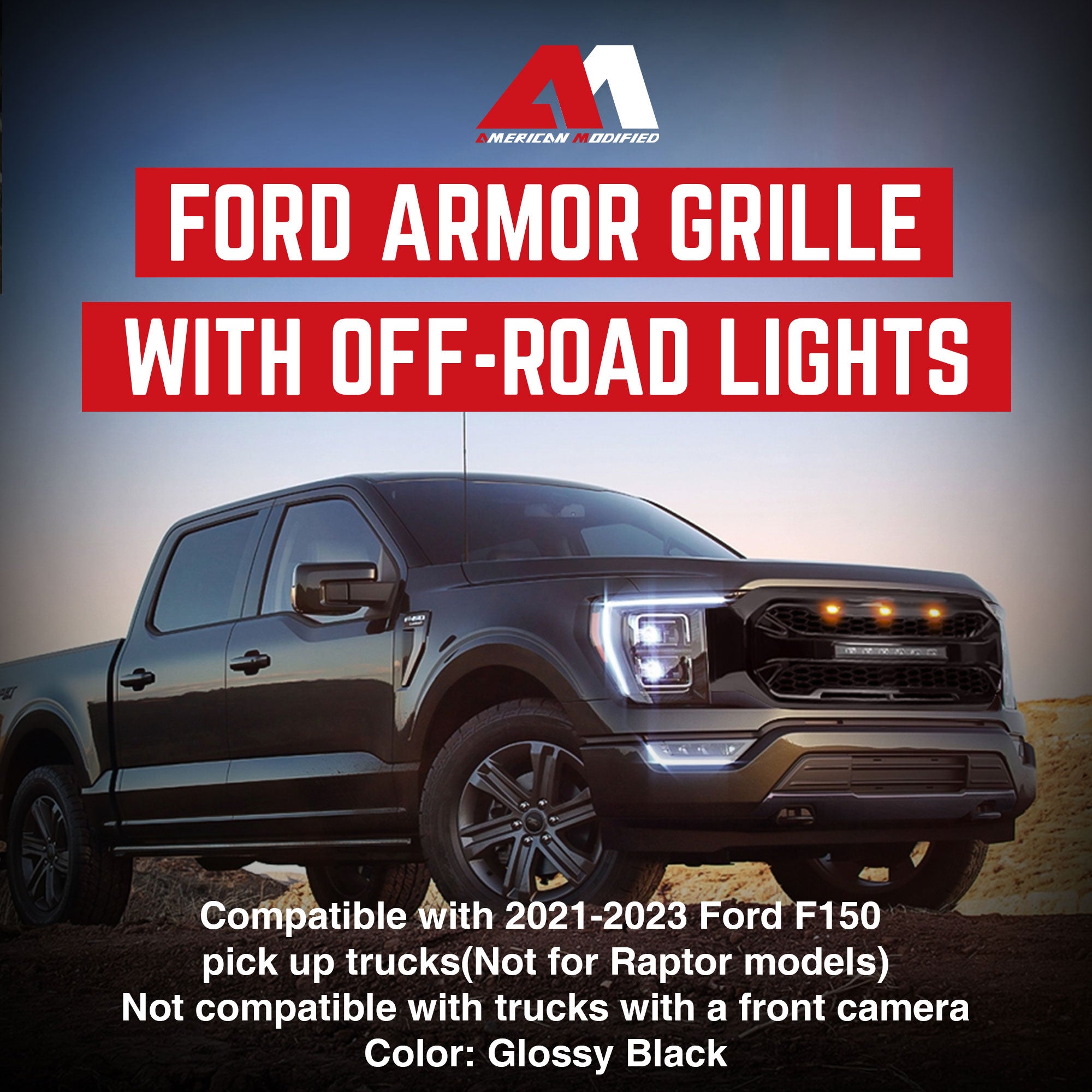 AMERICAN MODIFIED Armor Grille w/21-23 Ford F150, Glossy Black (Open Box) - VMInnovations