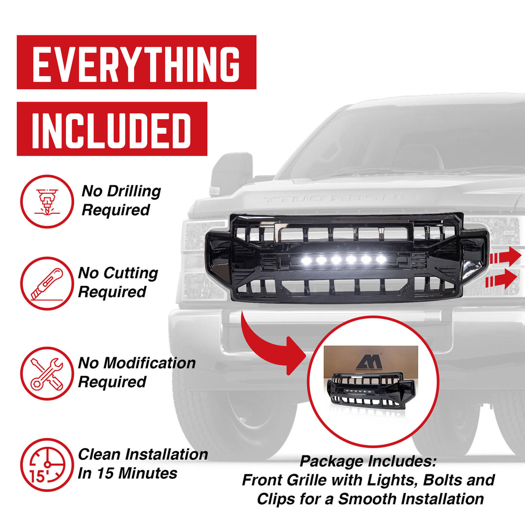 AMERICAN MODIFIED Armor Grille Compatible with 2020-2022 Ford F250/F350, Black - VMInnovations