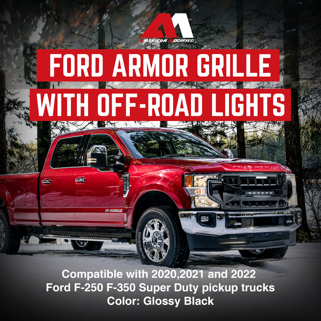 AMERICAN MODIFIED Armor Grille Compatible with 2020-2022 Ford F250/F350, Black - VMInnovations