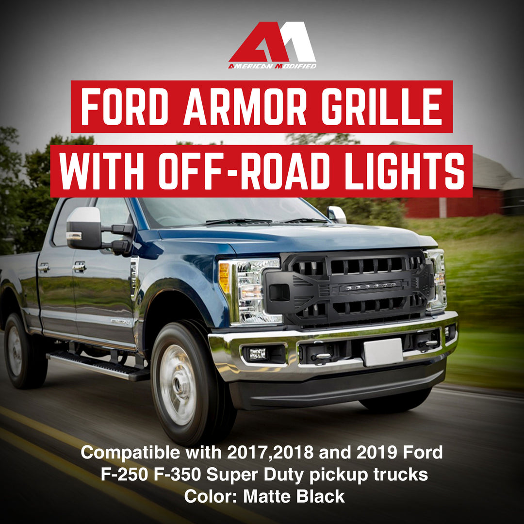AMERICAN MODIFIED Armor Front Grille for 2017 to 2019 Ford F250/350, Matte Black - VMInnovations