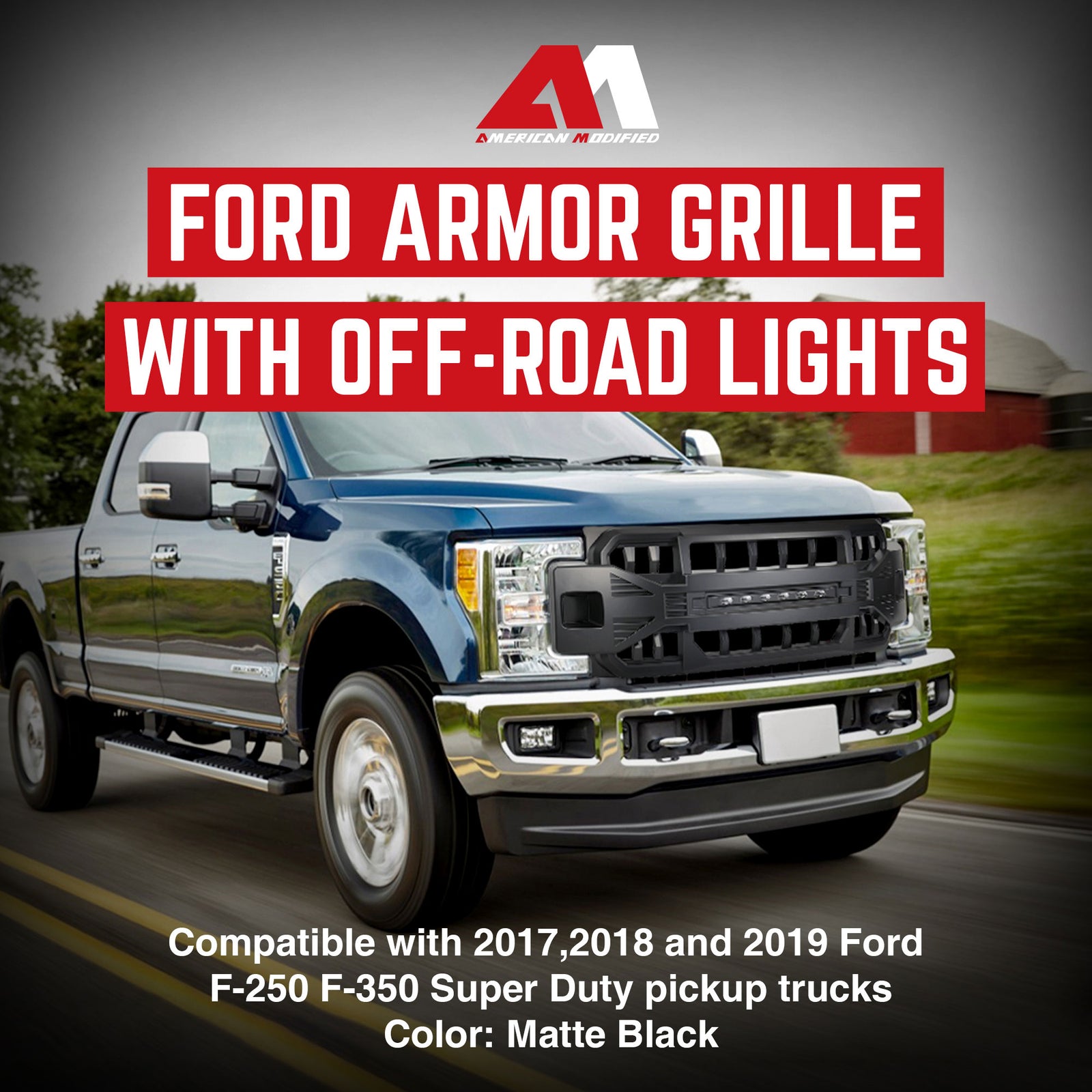 AMERICAN MODIFIED Armor Front Grille for 2017 to 2019 Ford F250/350, Matte Black - VMInnovations