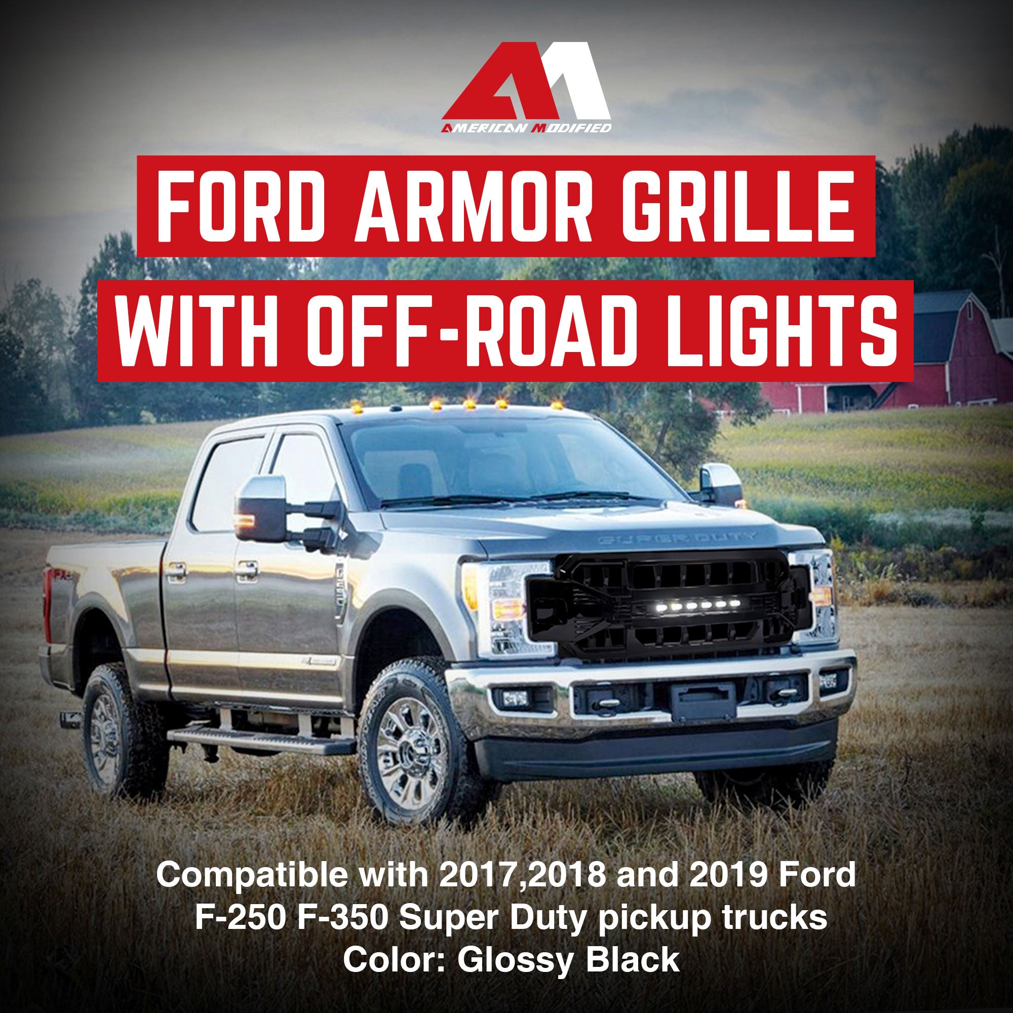 AMERICAN MODIFIED Armor Grille for 2017 to 2019 Ford F250/350, Glossy Black - VMInnovations
