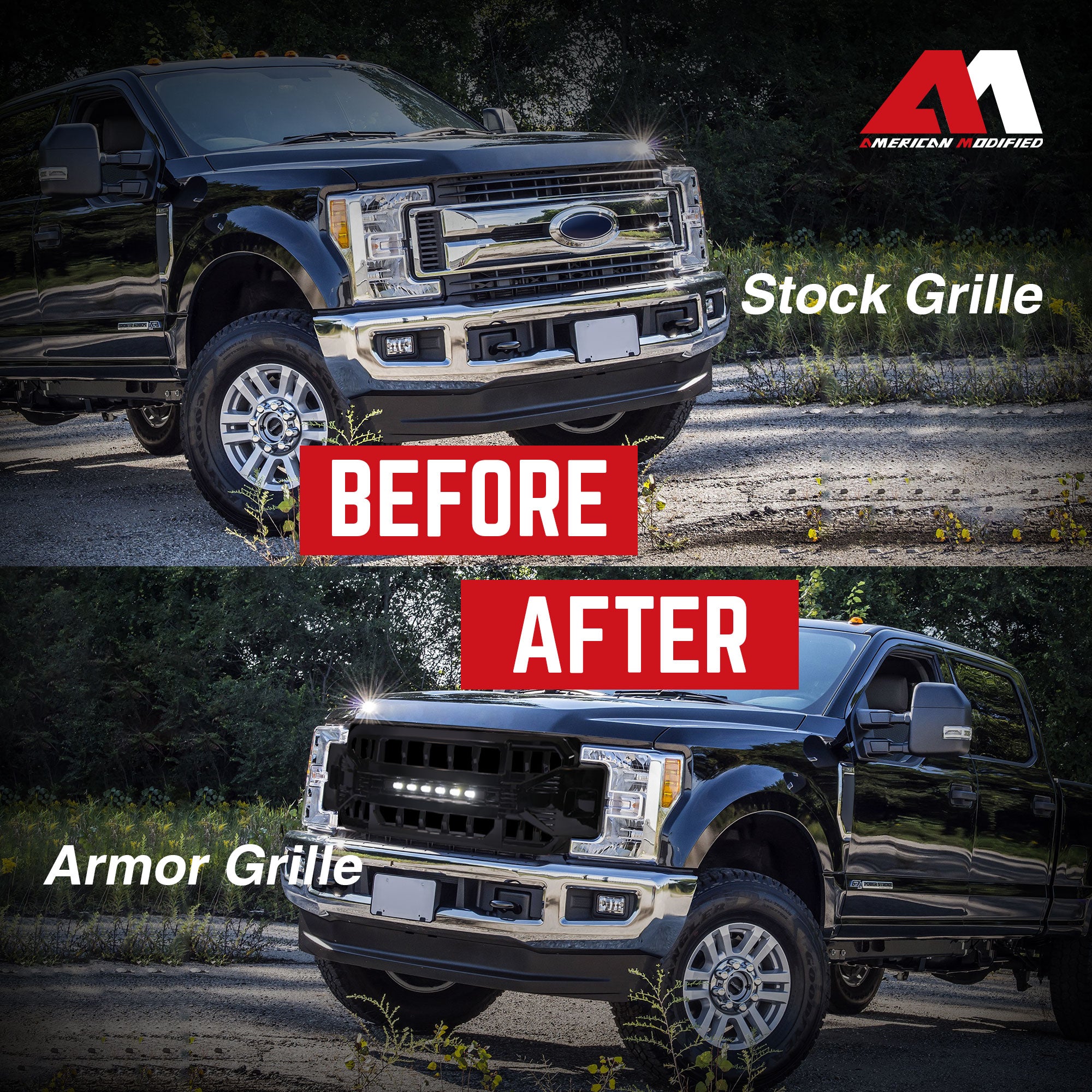 AMERICAN MODIFIED Armor Grille for 17-19 Ford F250/350, Glossy Black (Open Box) - VMInnovations