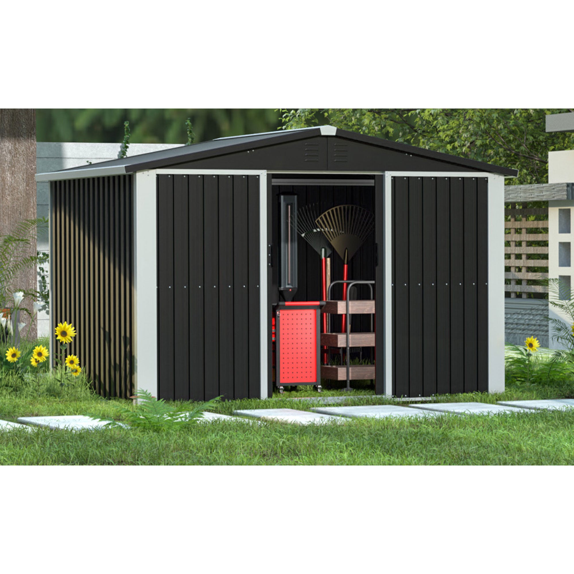 AOBABO Metal 6' x 8' Outdoor Utility Tool Storage Shed with Door and Lock, Black - VMInnovations