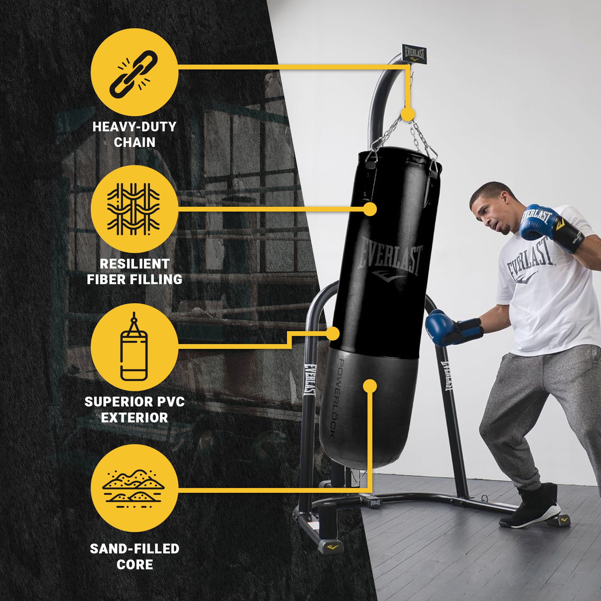 Everlast Powerlock Heavy Bag w/ Double Reinforced D Ring and Nylon Strap, Black - VMInnovations