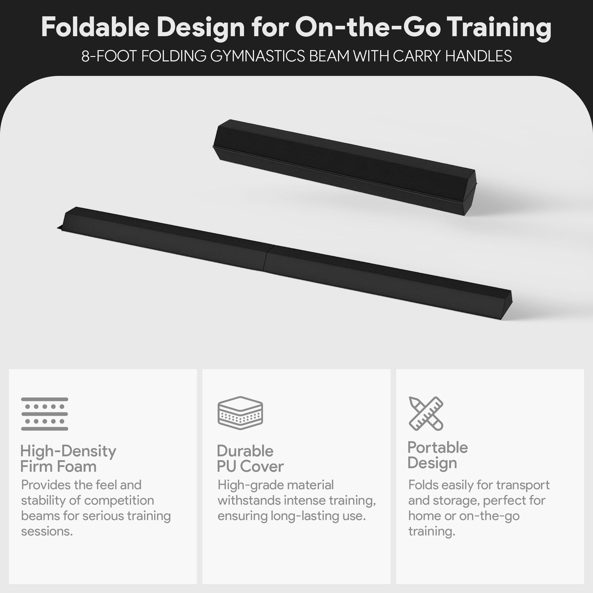 BalanceFrom Folding Foam Balance Beam, Portable Gymnastics Equipment with Hook-and-Loop Fasteners for Home or Gym Training, Black