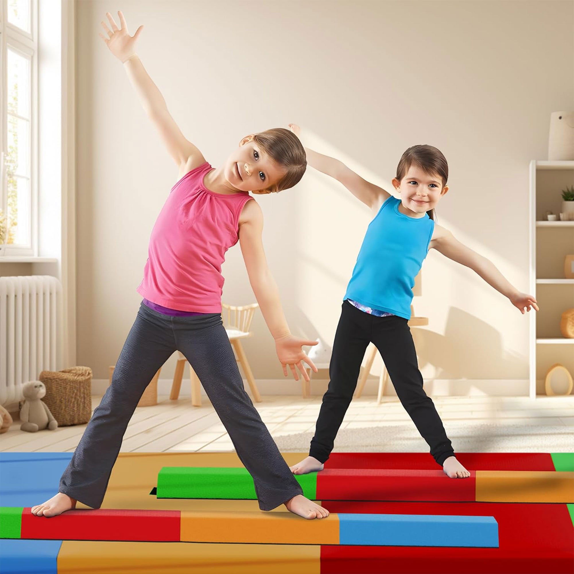 BalanceFrom Folding Foam Balance Beam, Portable Gymnastics Equipment with Hook-and-Loop Fasteners for Home or Gym Training, Multicolor