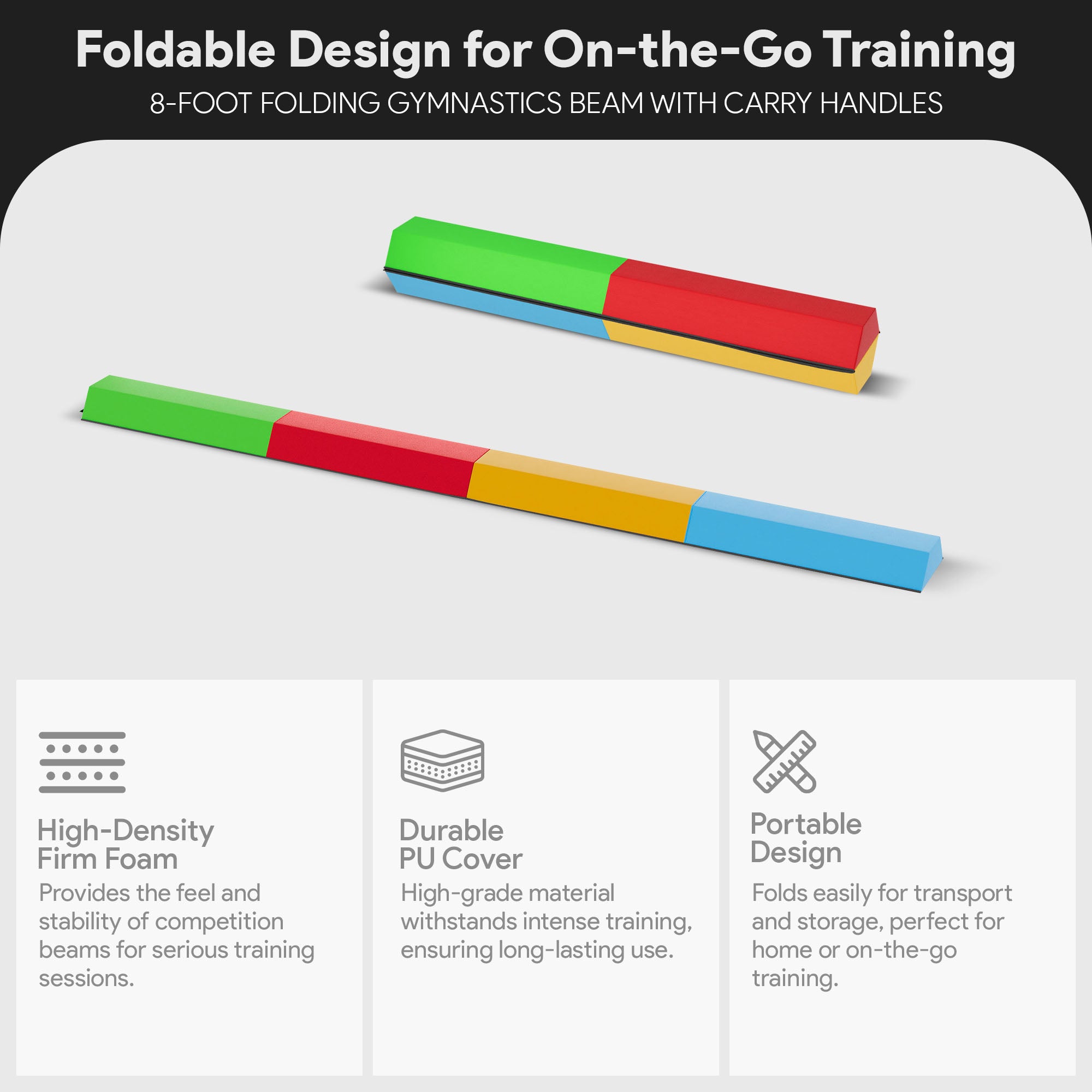 BalanceFrom Folding Foam Balance Beam, Portable Gymnastics Equipment with Hook-and-Loop Fasteners for Home or Gym Training, Multicolor