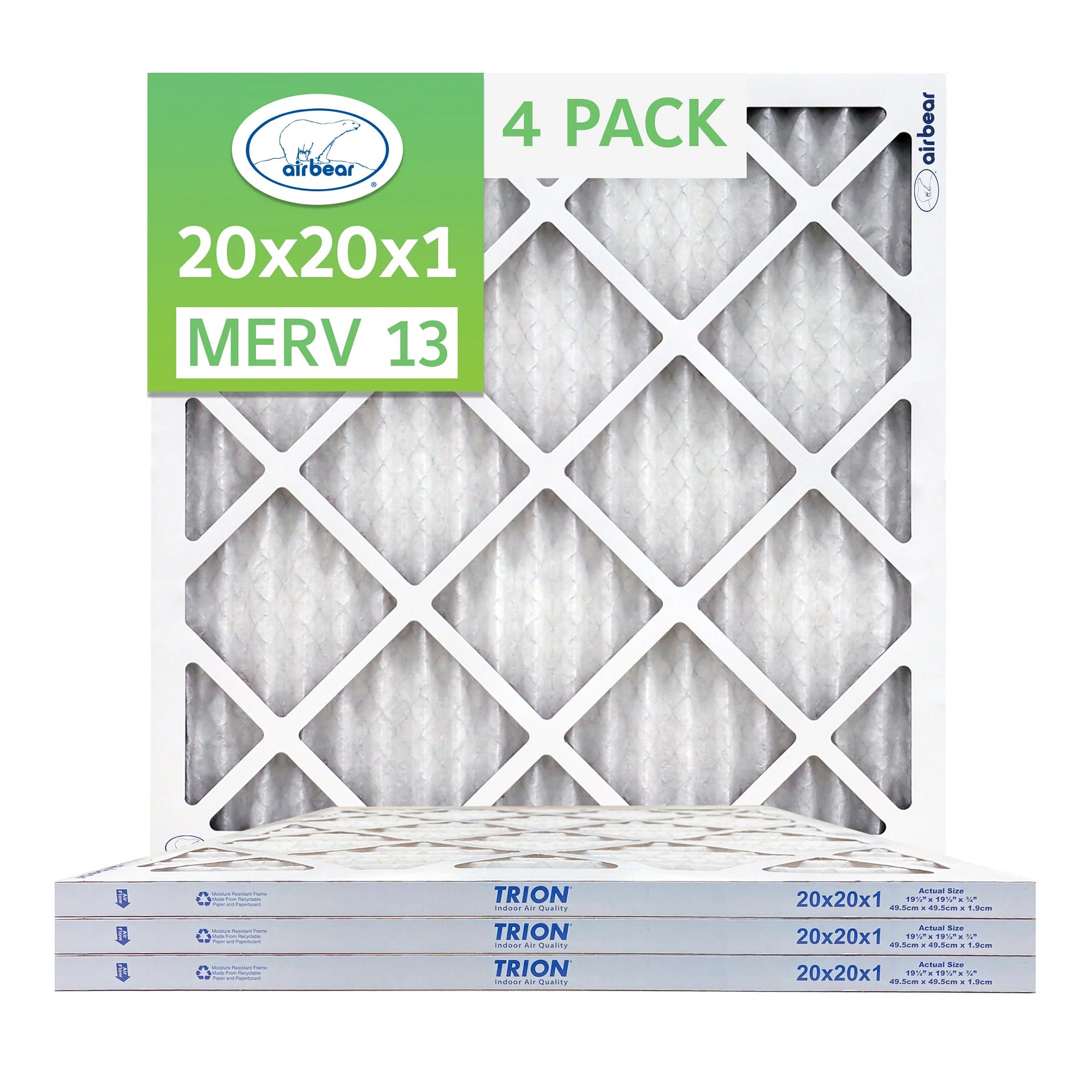 Trion MERV 13 Air Bear 20 x 20 x 1" High Efficiency Pleated HVAC Filter, 4 Pack - VMInnovations