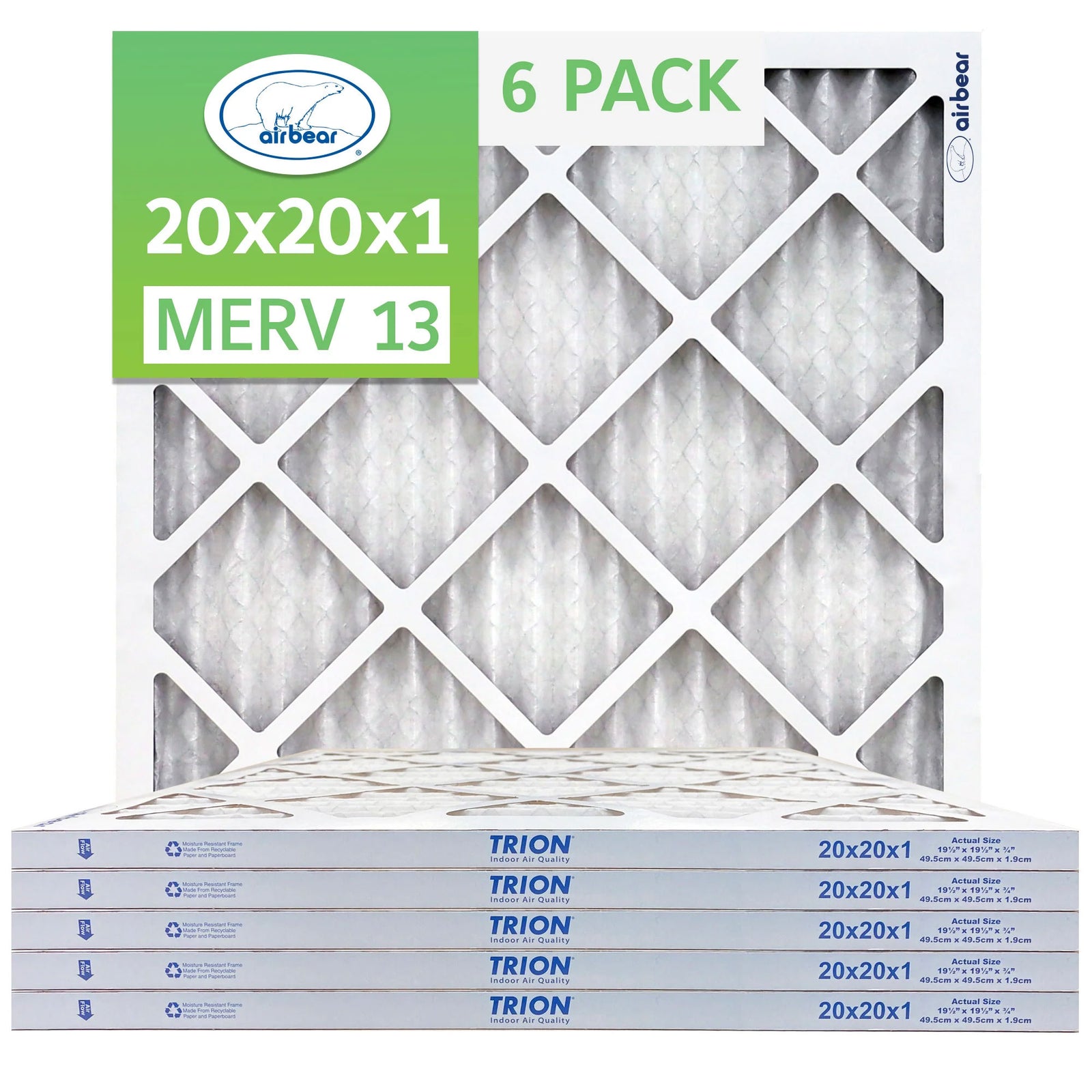 Trion MERV 13 Air Bear 20 x 20 x 1" High Efficiency Pleated HVAC Filter, 6 Pack - VMInnovations
