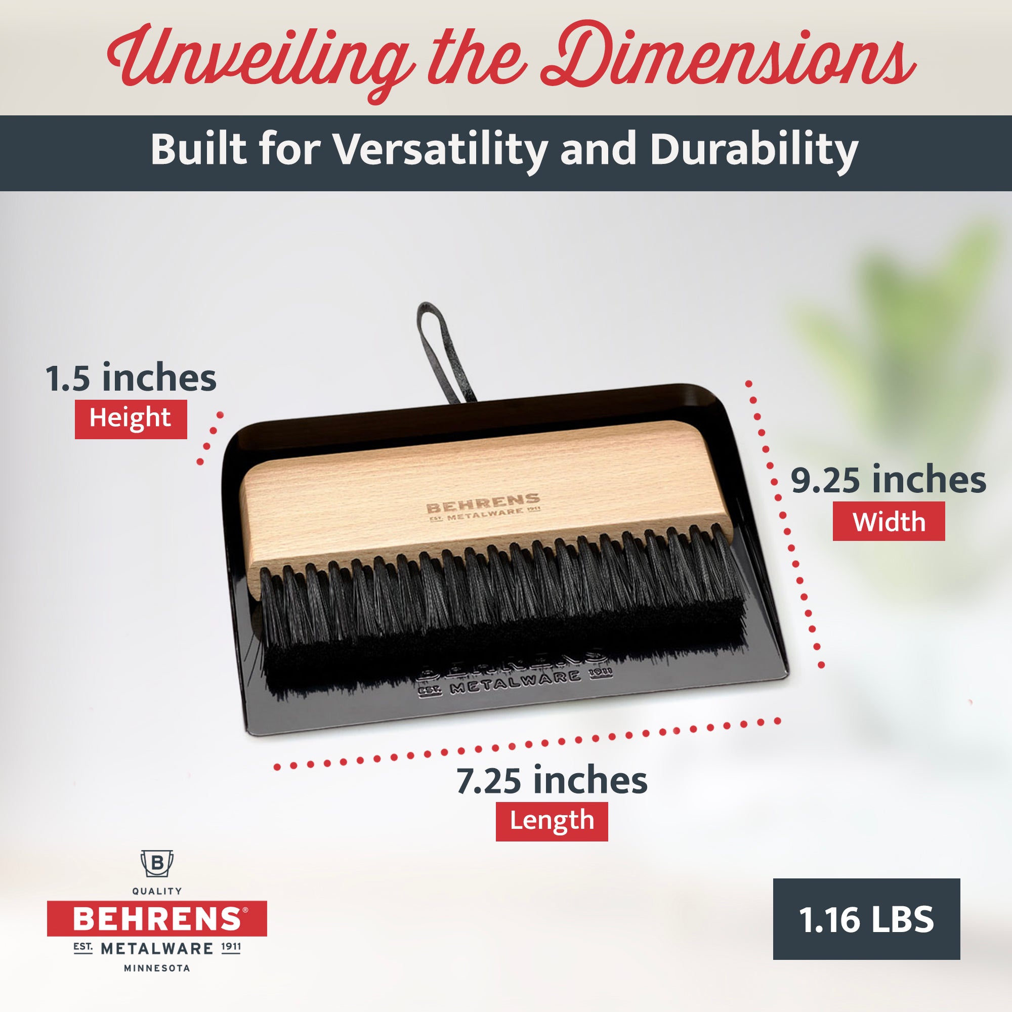 Behrens Portable Rectangular Galvanized Steel Dustpan and Brush Broom Set, Black - VMInnovations