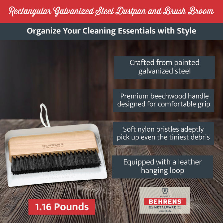 Behrens Portable Rectangular Galvanized Steel Dustpan and Brush Broom Set, White - VMInnovations