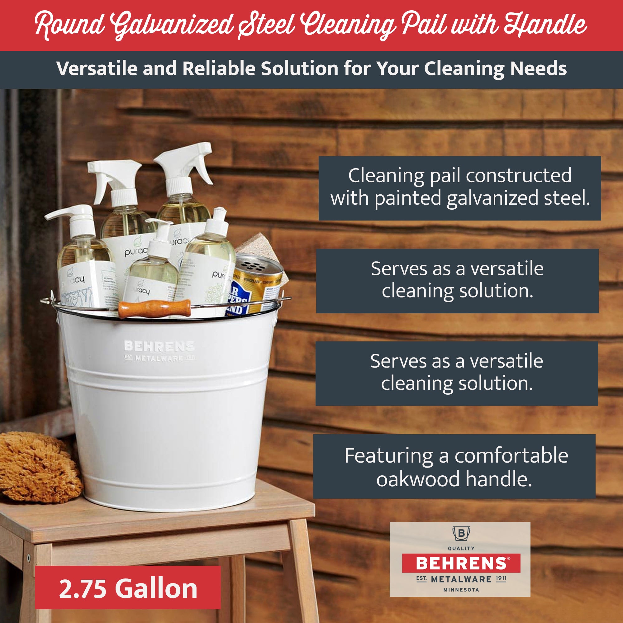 Behrens 2.75 Gallon Round Galvanized Steel Cleaning Pail with Handle, White - VMInnovations