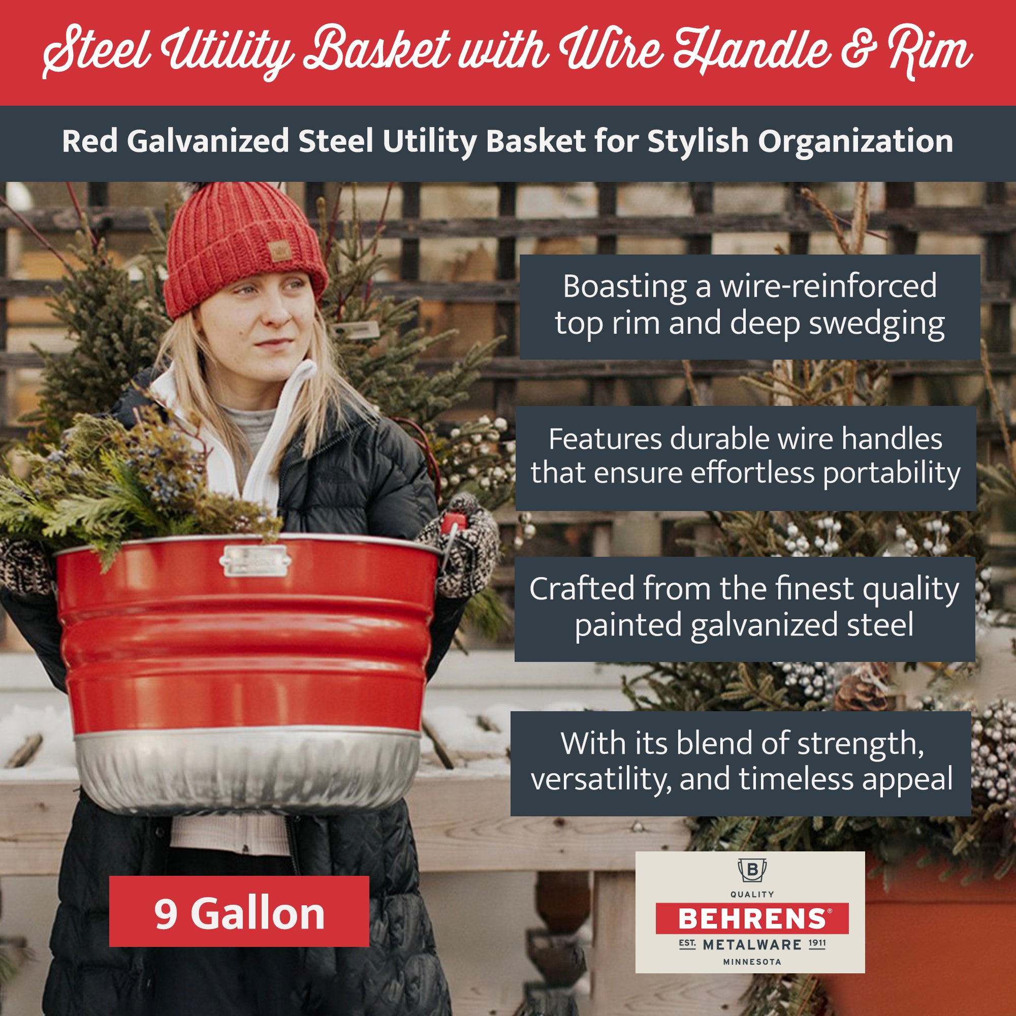 Behrens 9 Gal Galvanized Steel Utility Basket with Wire Handle & Rim, Red Bushel - VMInnovations