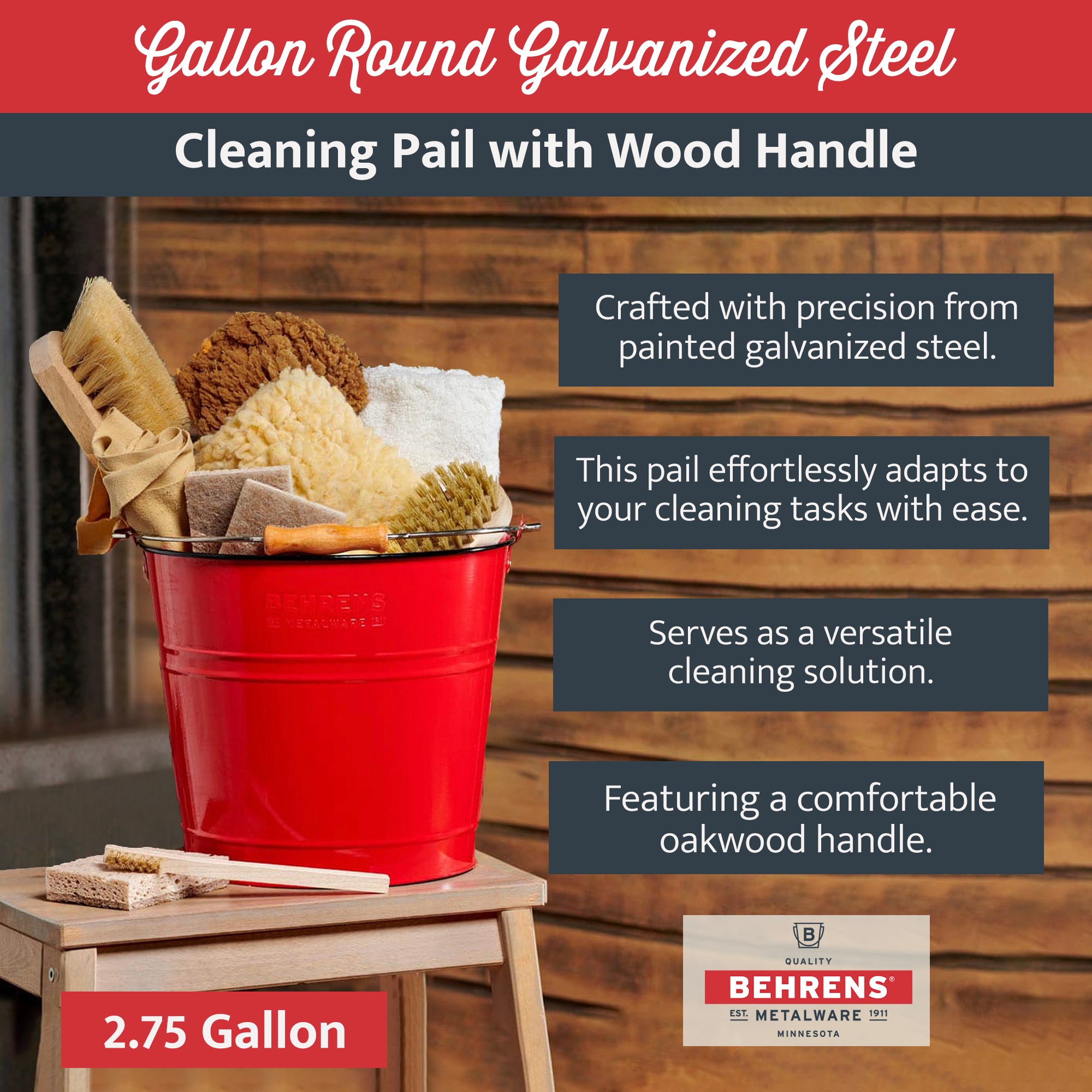 Behrens 2.75 Gallon Round Galvanized Steel Cleaning Pail with Wood Handle, Red - VMInnovations