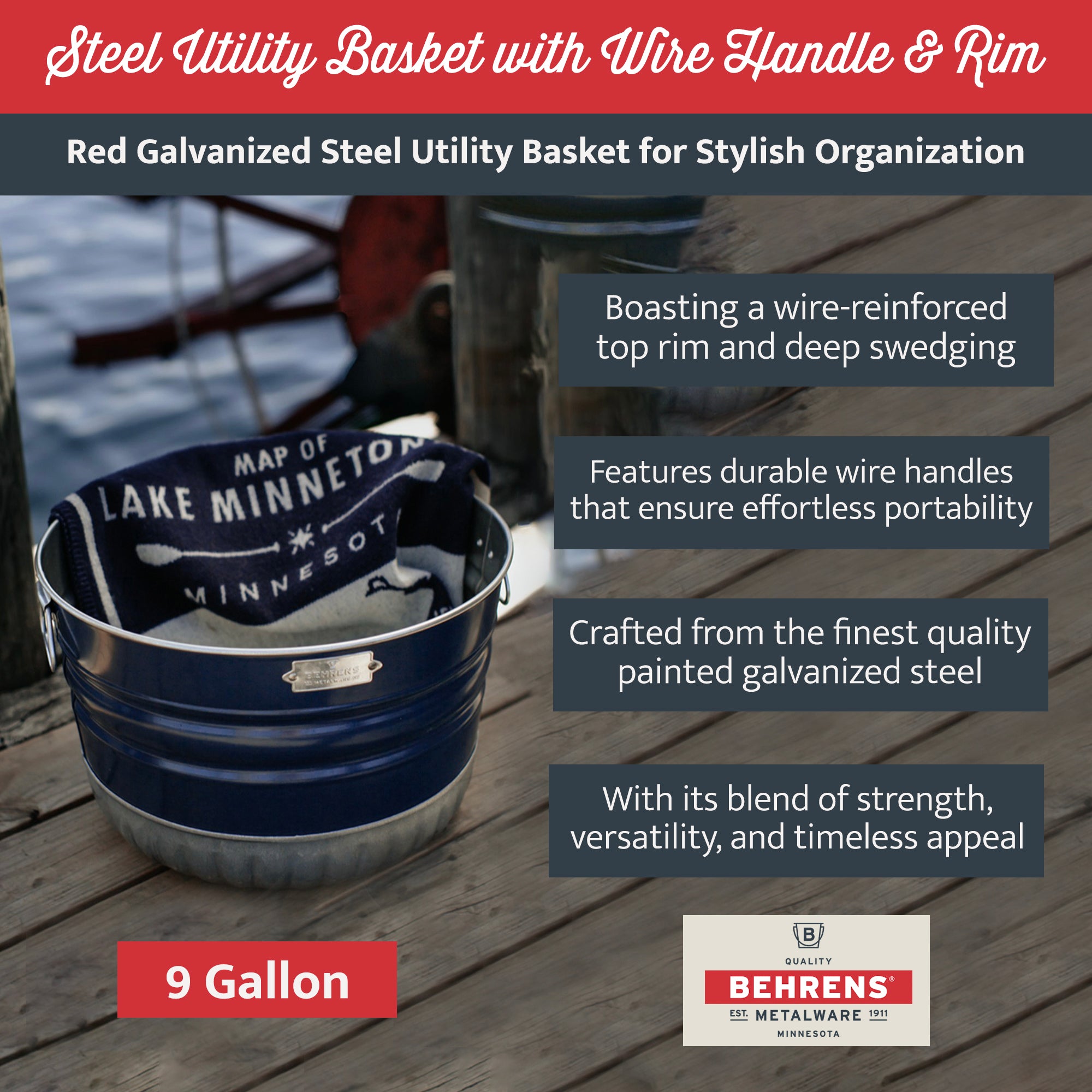 Behrens 9 Gal Galvanized Steel Utility Basket with Wire Handle, Navy Blue Bushel - VMInnovations