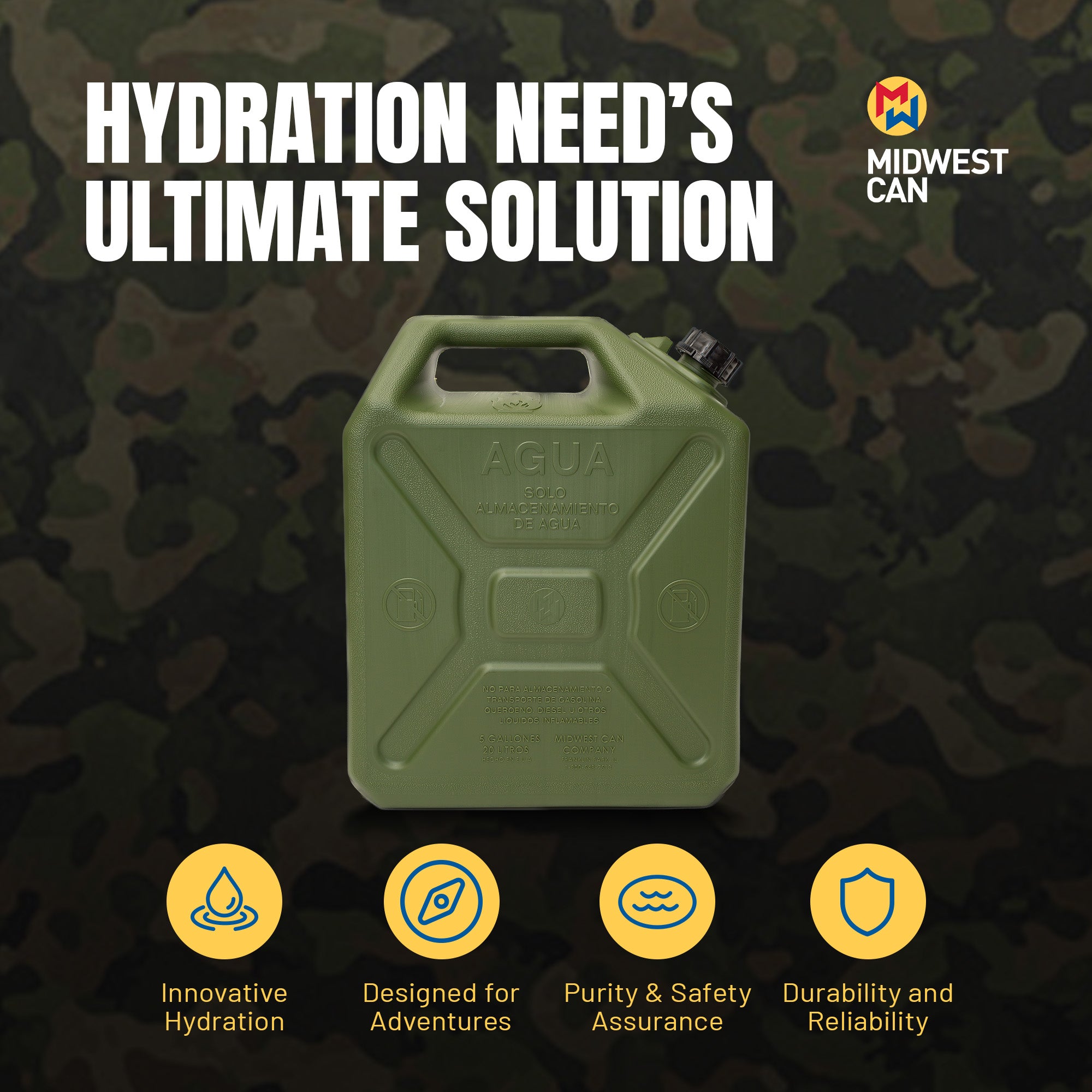 Midwest Can Heavy Duty 5 Gallon Military Style Water Can for Camping, Green - VMInnovations