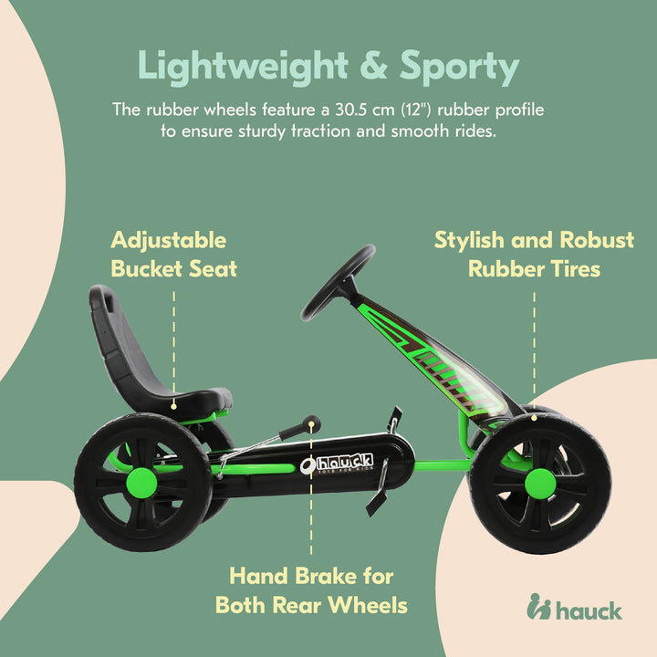 hauck Cyclone Junior Racing Go Kart, 12” Rims and Race Style Pedals, Lime Green - VMInnovations