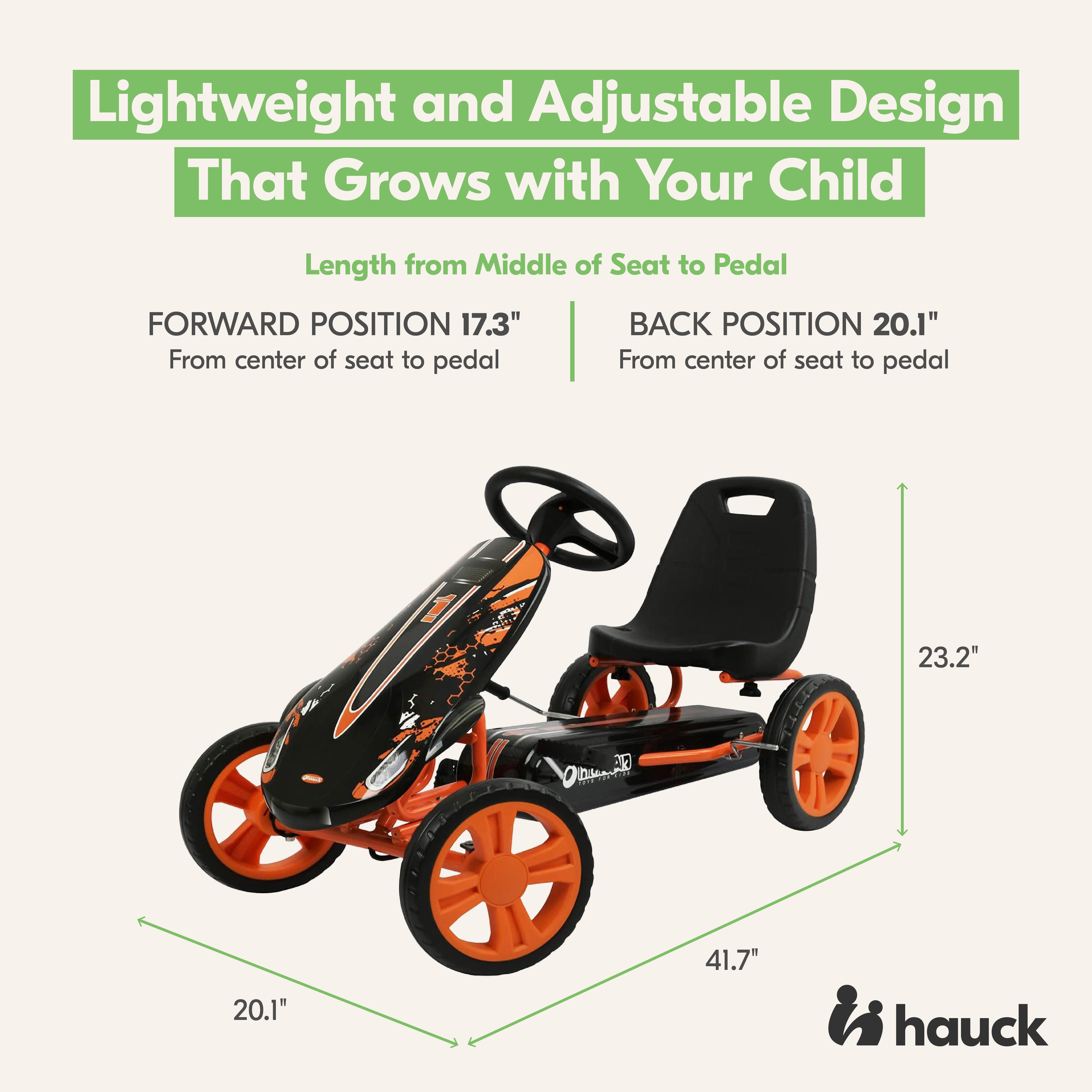 hauck Speedster Pedal Car w/ 3 Way Adjustable Bucket Seat & Steel Frame, Orange - VMInnovations