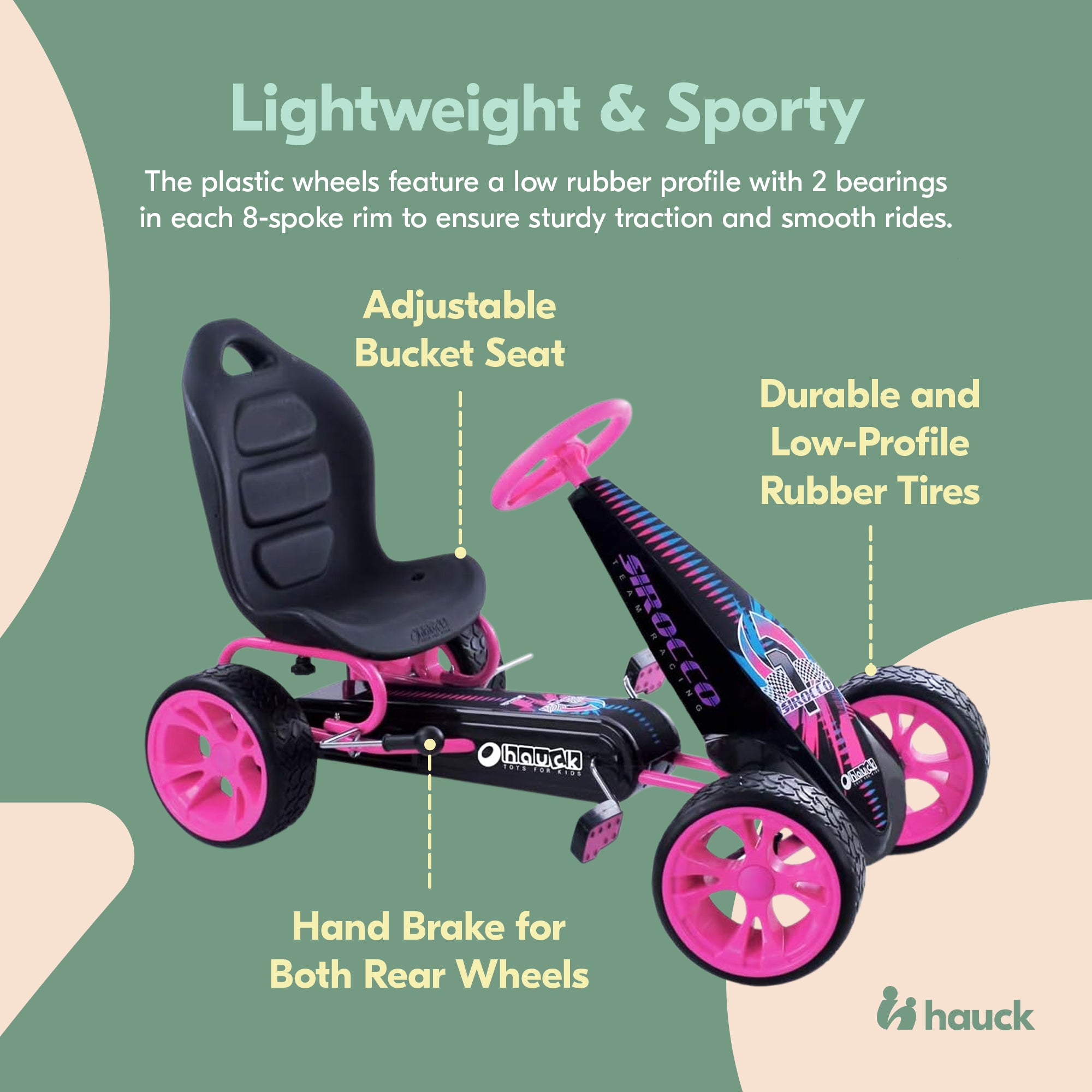 hauck Sirocco Racing Clutch Free Go Kart with Low Profile Rubber Tires, Pink - VMInnovations