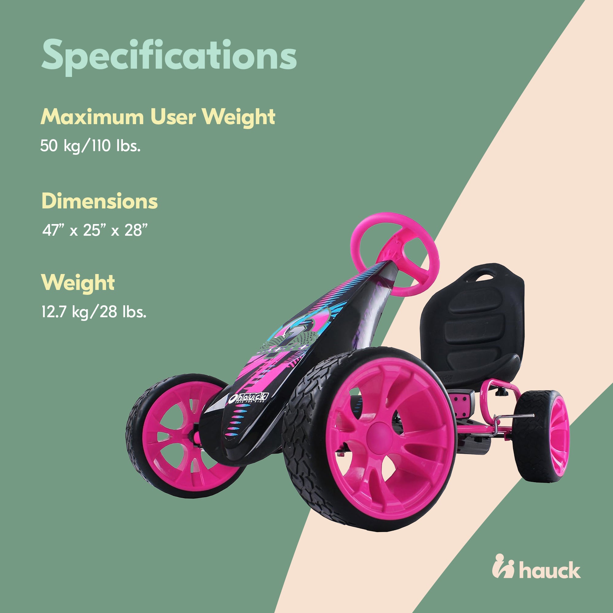 hauck Racing Clutch Free Go Kart w/Low Profile Rubber Tires, Pink (Open Box) - VMInnovations