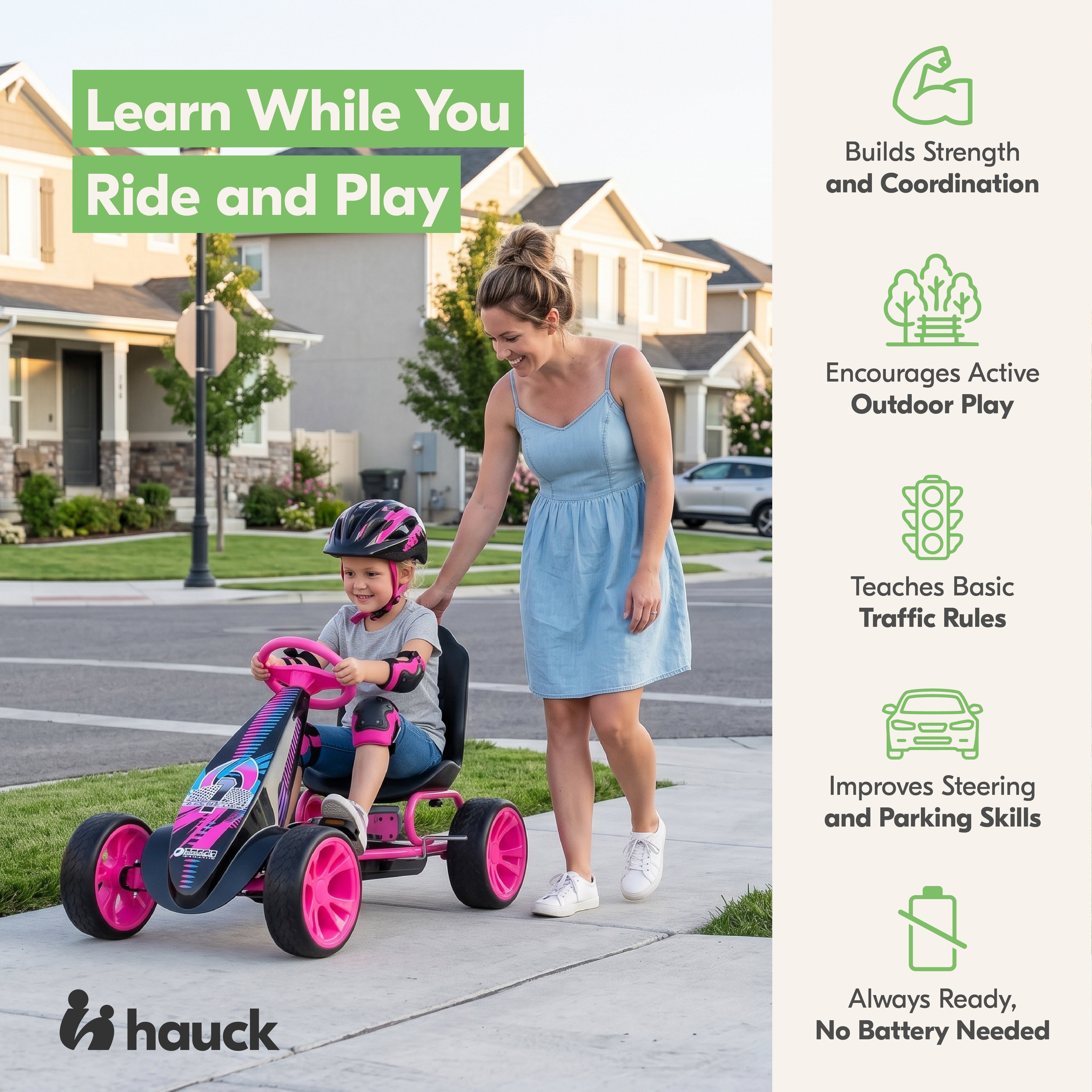 hauck Sirocco Racing Clutch Free Go Kart with Low Profile Rubber Tires, Pink - VMInnovations
