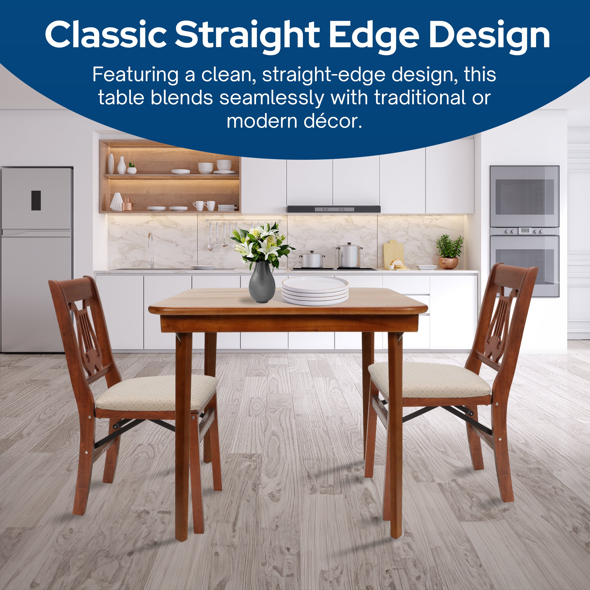 MECO Stakmore Classic Straight Edge Wood Folding Card Table, Fruitwood Frame + MECO Stakmore Wood Vinyl Upholstered Seat Folding Chair Set, Fruitwood (2 Pack)