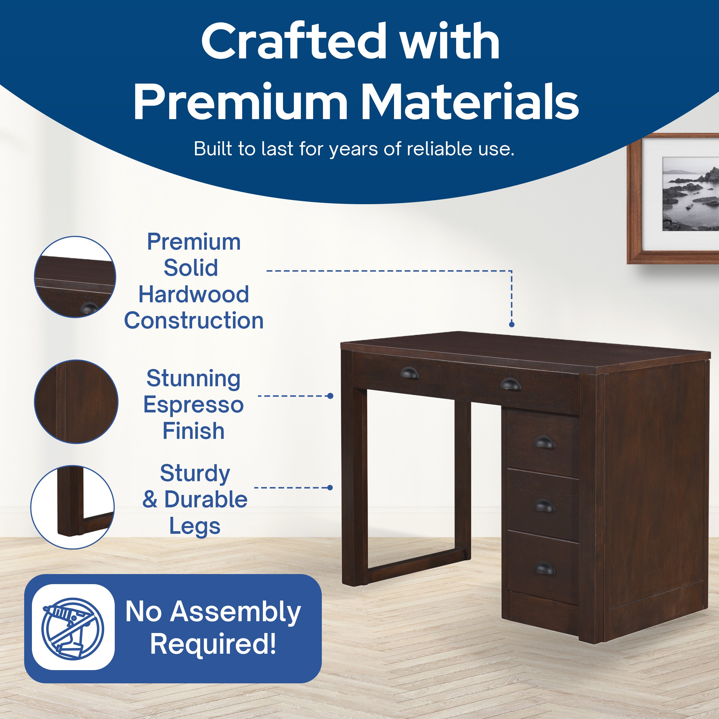 MECO Stakmore Wooden Made Expandable Desk with Ottoman and 3 Functioning Drawers - VMInnovations