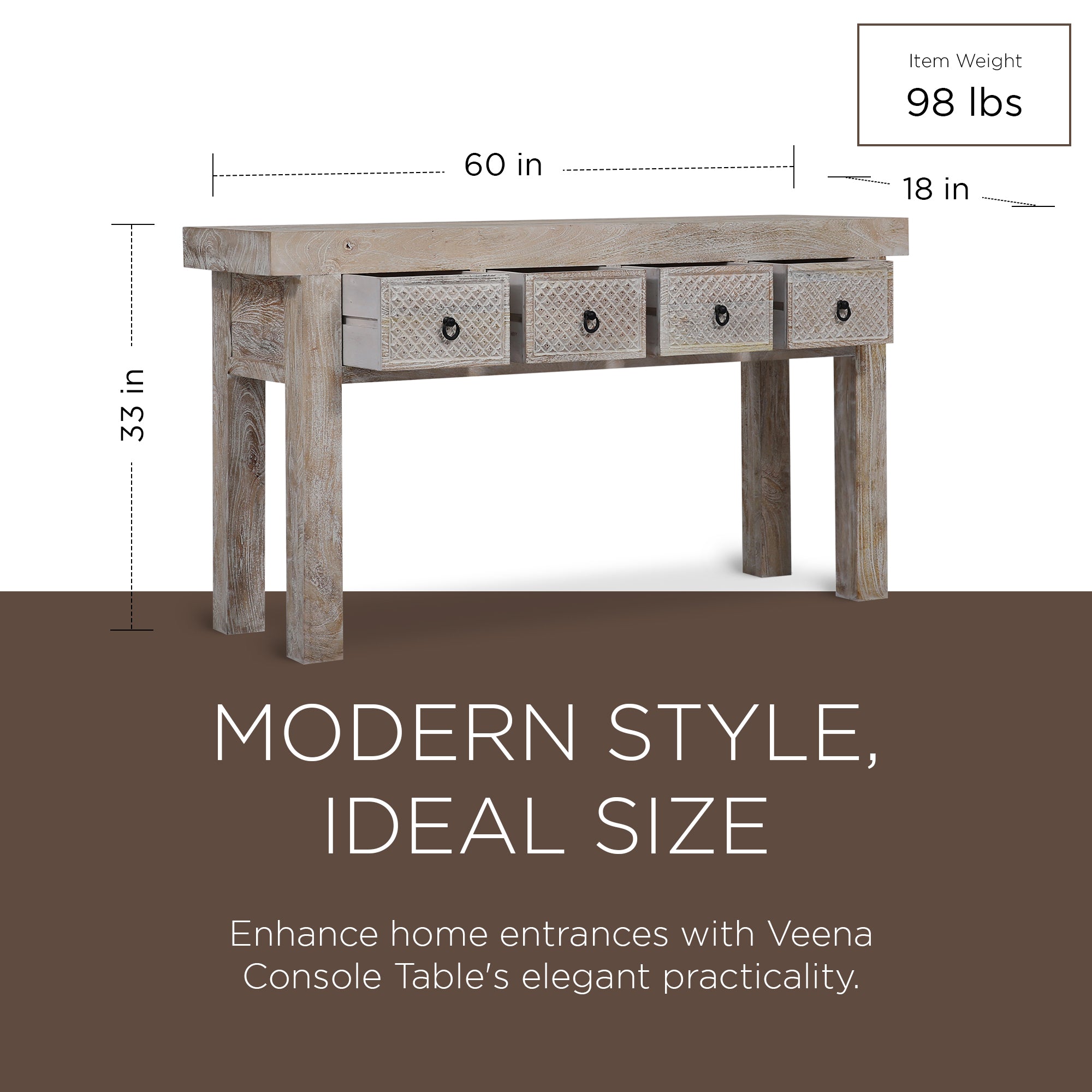 Veena Nomad Wooden Console Table in Distressed Natural Finish