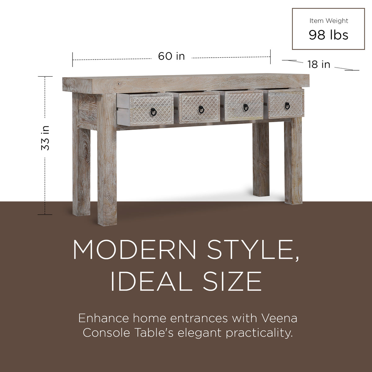 Veena Nomad Wooden Console Table in Distressed Natural Finish - VMInnovations