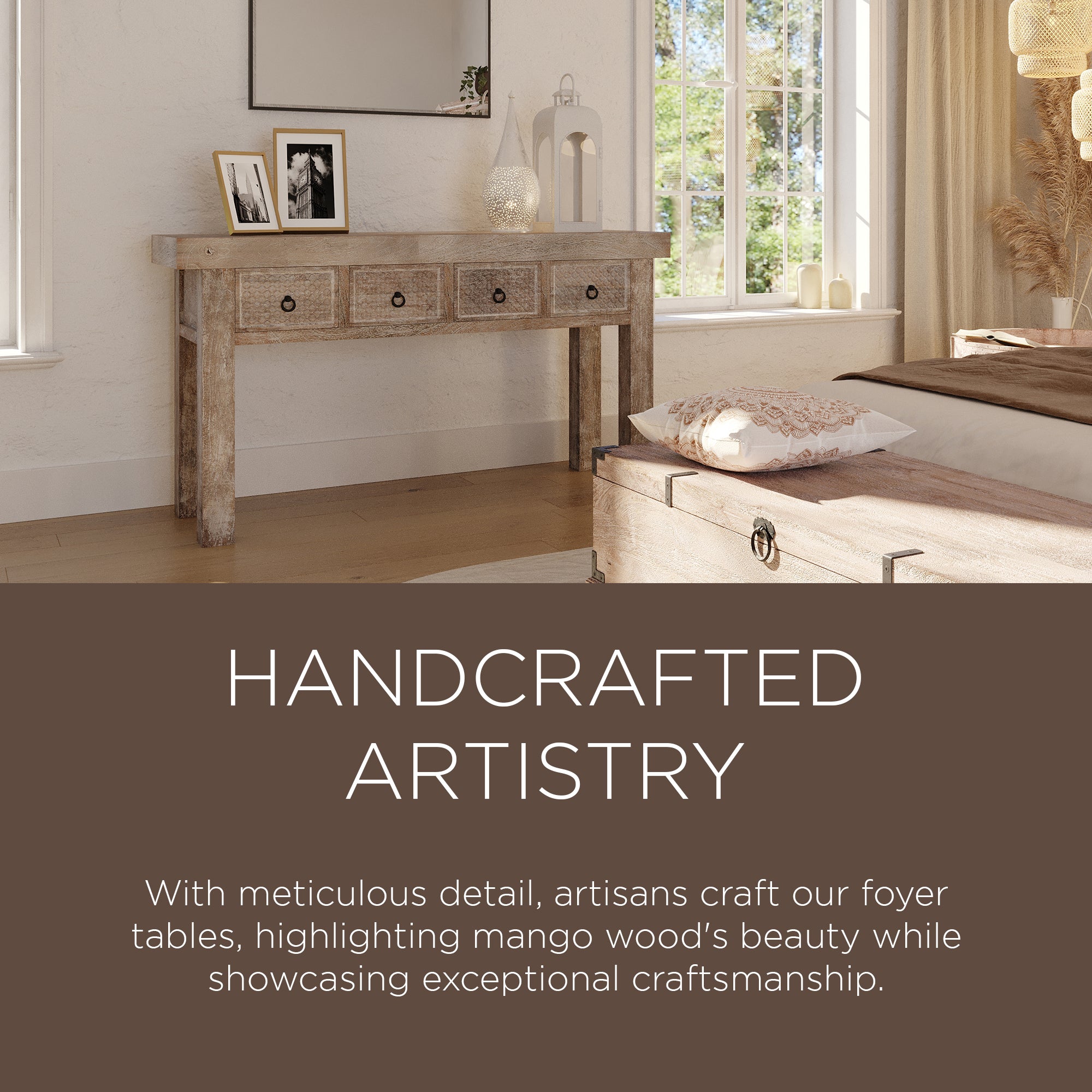 Veena Nomad Wooden Console Table in Distressed Natural Finish