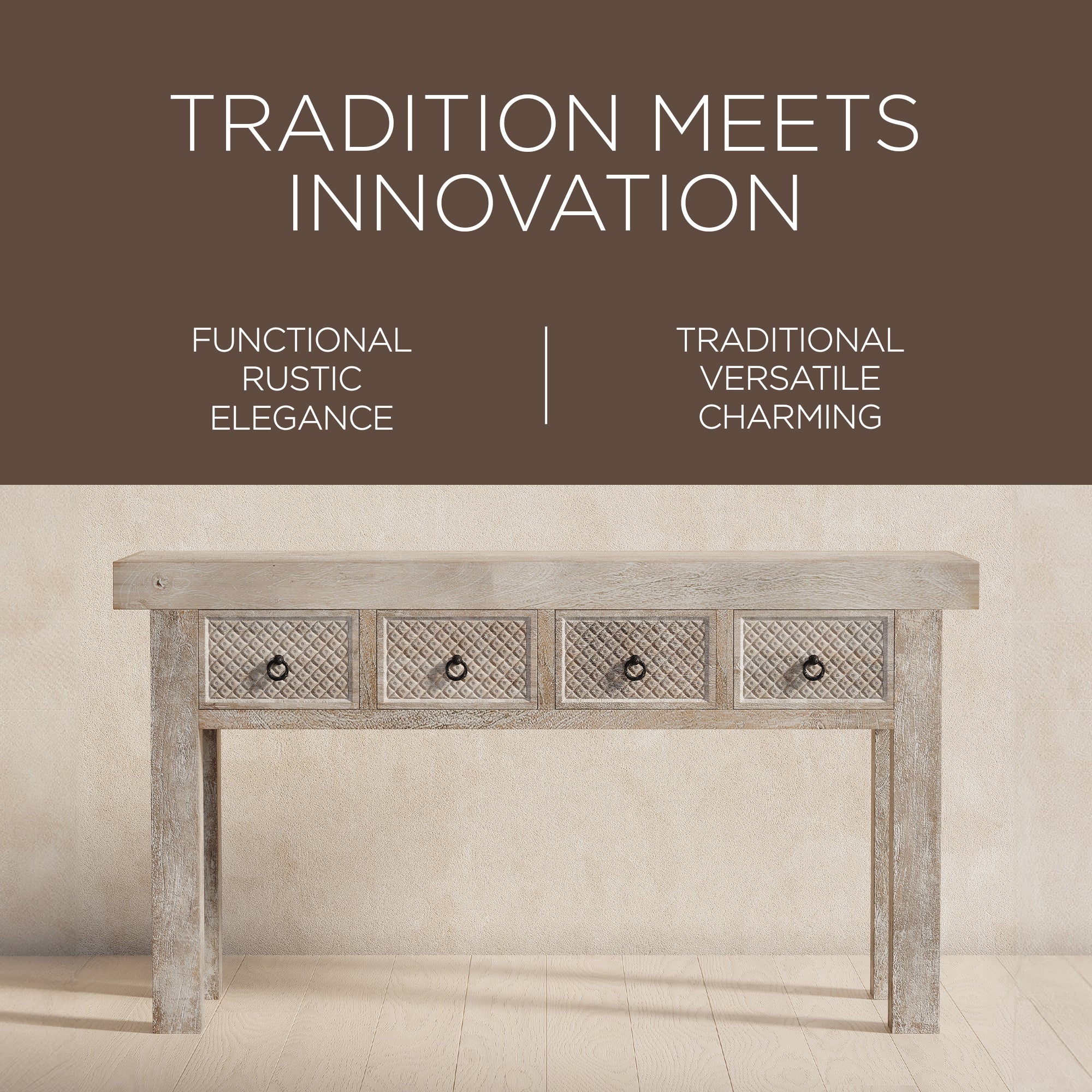 Veena Nomad Wooden Console Table in Distressed Natural Finish