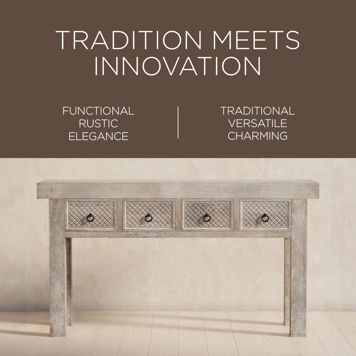 Veena Nomad Wooden Console Table in Distressed Natural Finish - VMInnovations