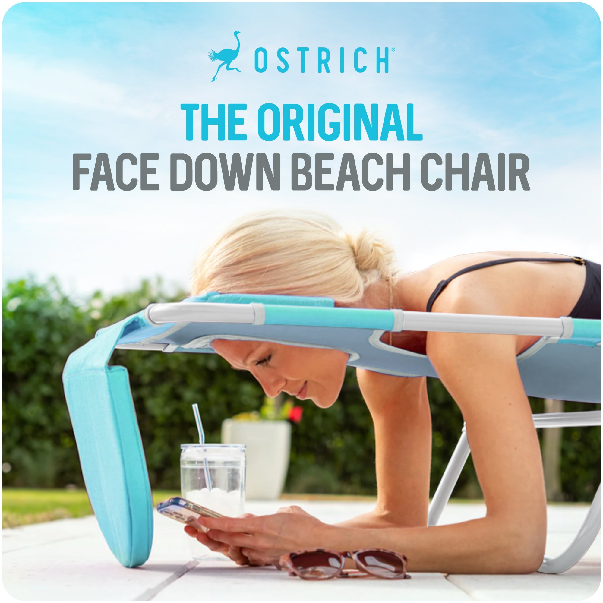 Ostrich Lounge, Versatile Facedown Beach Camping Pool Tanning Chair, Aqua (Used)