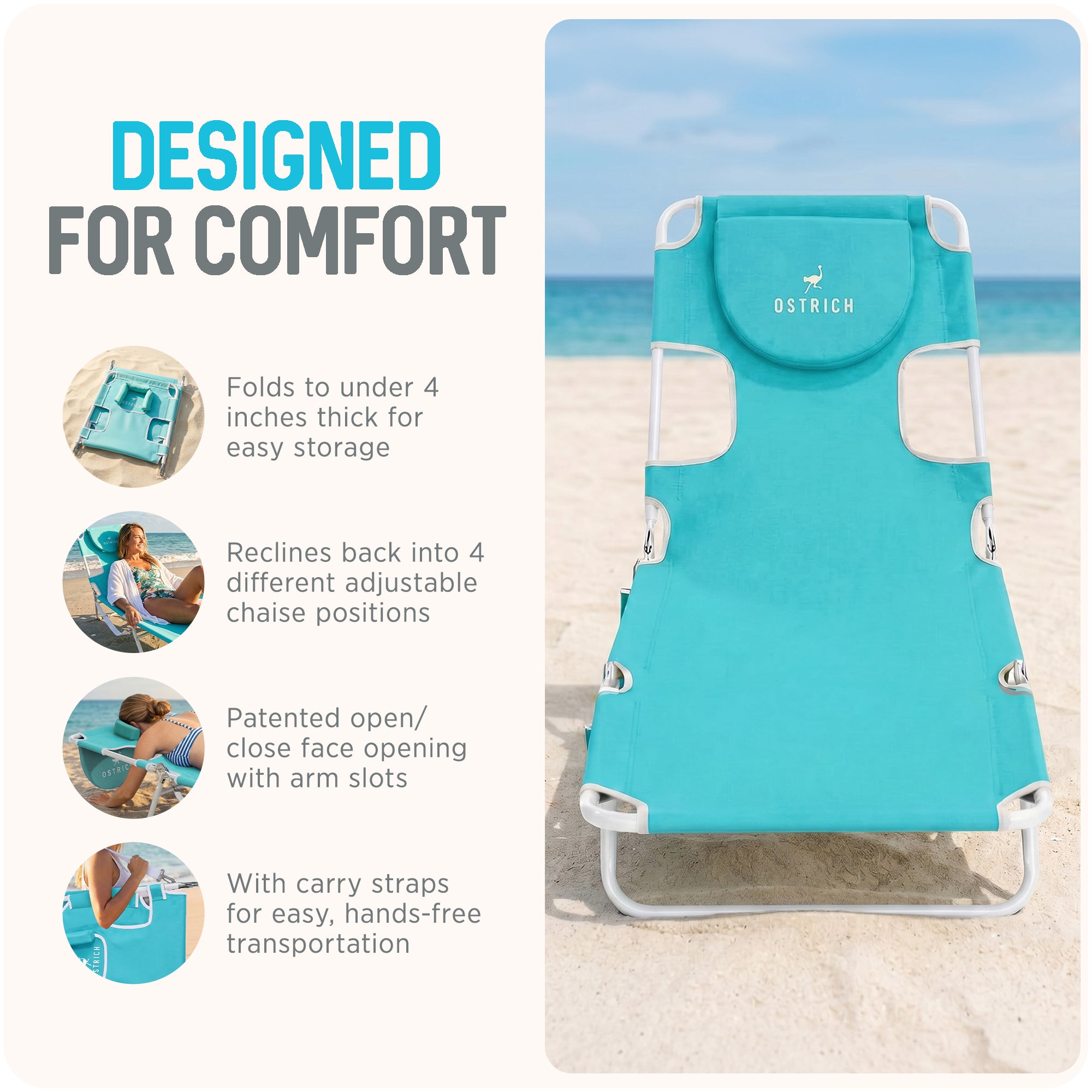 Ostrich Chaise Lounge, Versatile Facedown Beach Camping Chair, Aqua (Open Box)