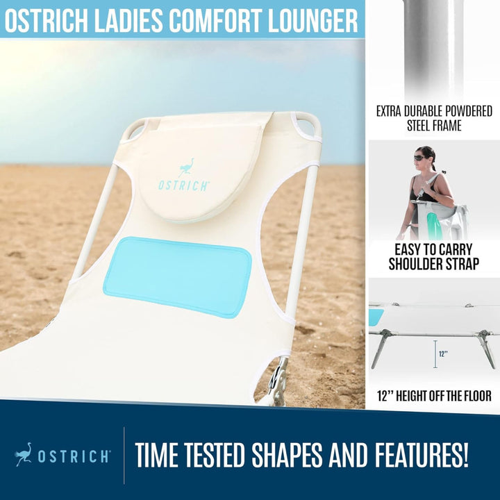 Ostrich Ladies Comfort Lounger, Foldable Beach Camping Pool Tanning Chair, White - VMInnovations