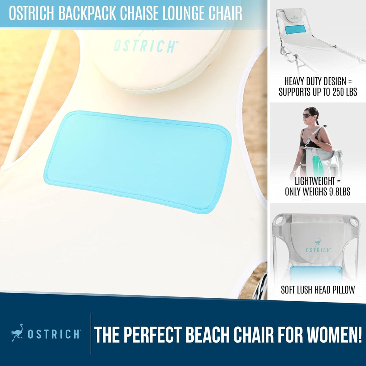 Ostrich Custom Fitted Beach Towel & Ladies Chaise Lounge Beach Pool Chair, White