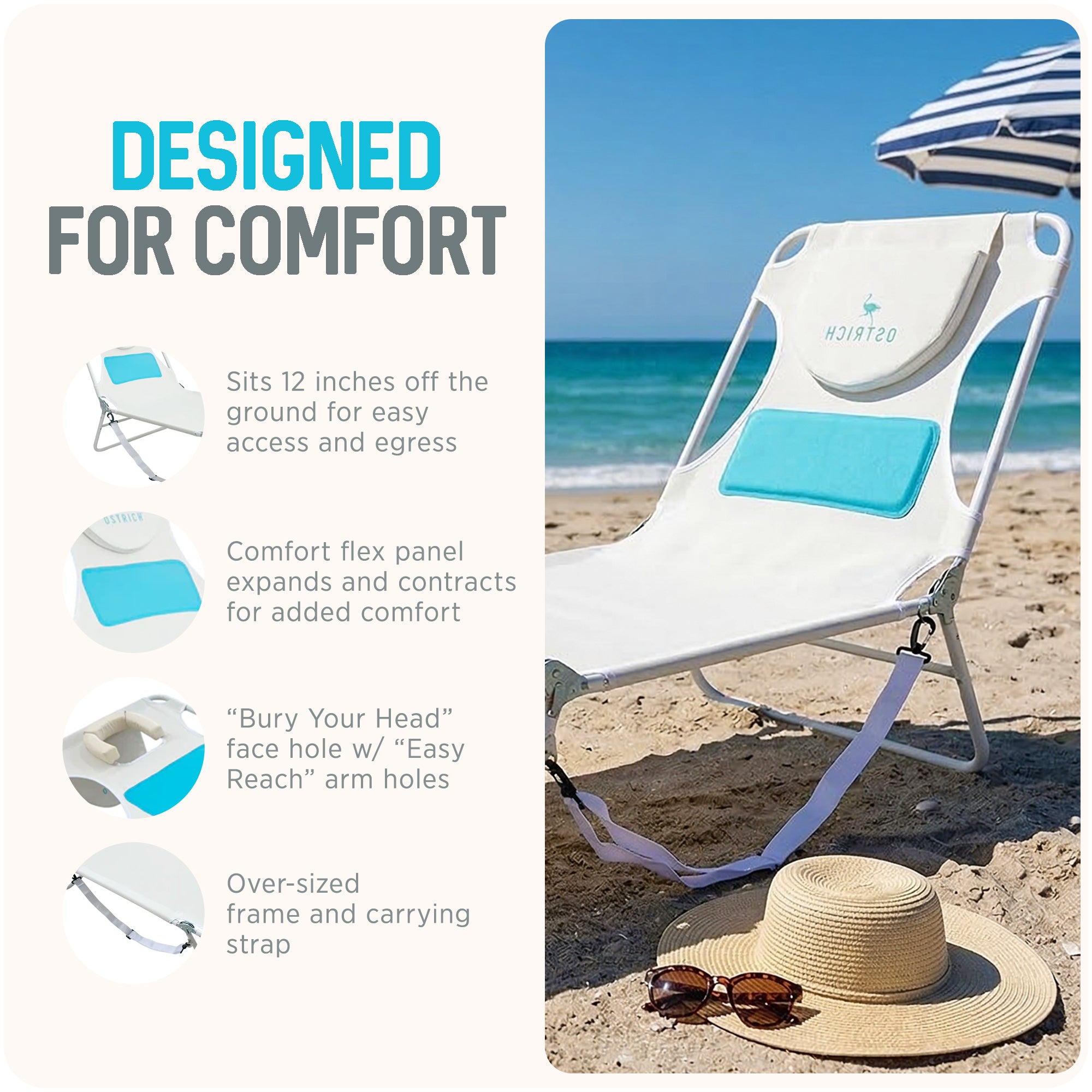 Ostrich Comfort Lounger, Foldable Beach Camping Pool Tanning Chair (Open Box)